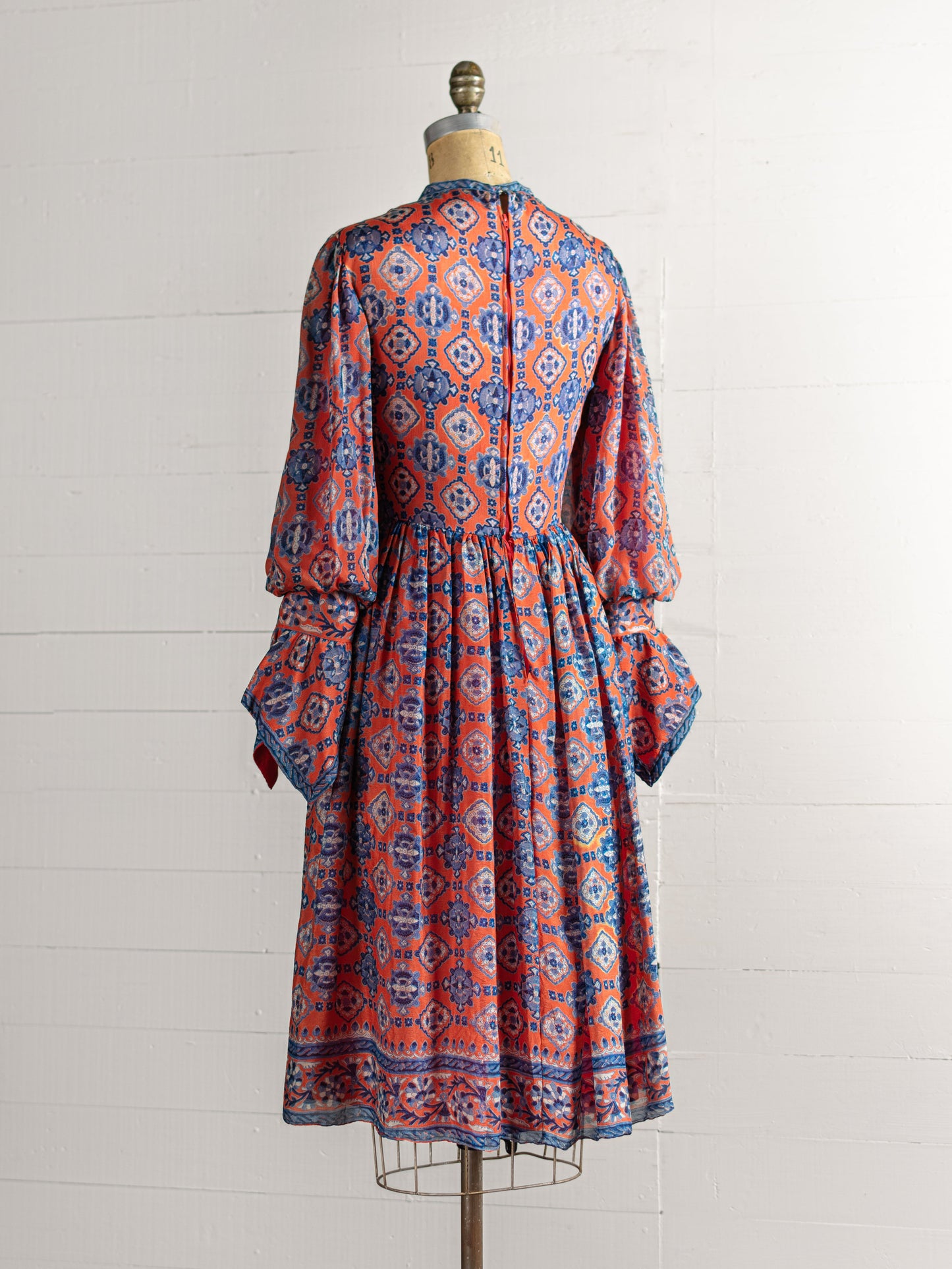 1970s Orange & Blue Silk Indian Block Print Dress - Size XS - Second Sight Vintage