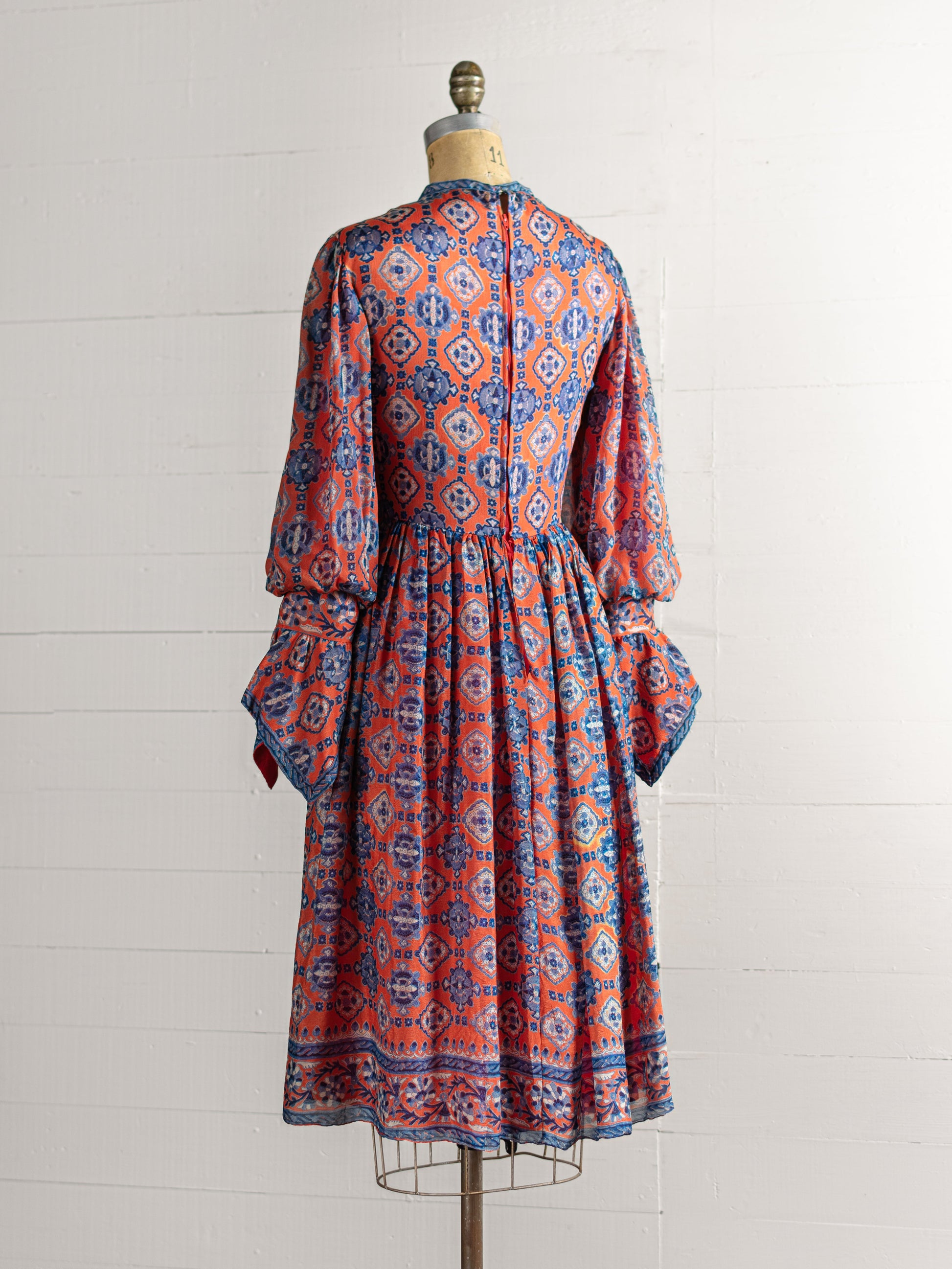 1970s Orange & Blue Silk Indian Block Print Dress - Size XS - Second Sight Vintage