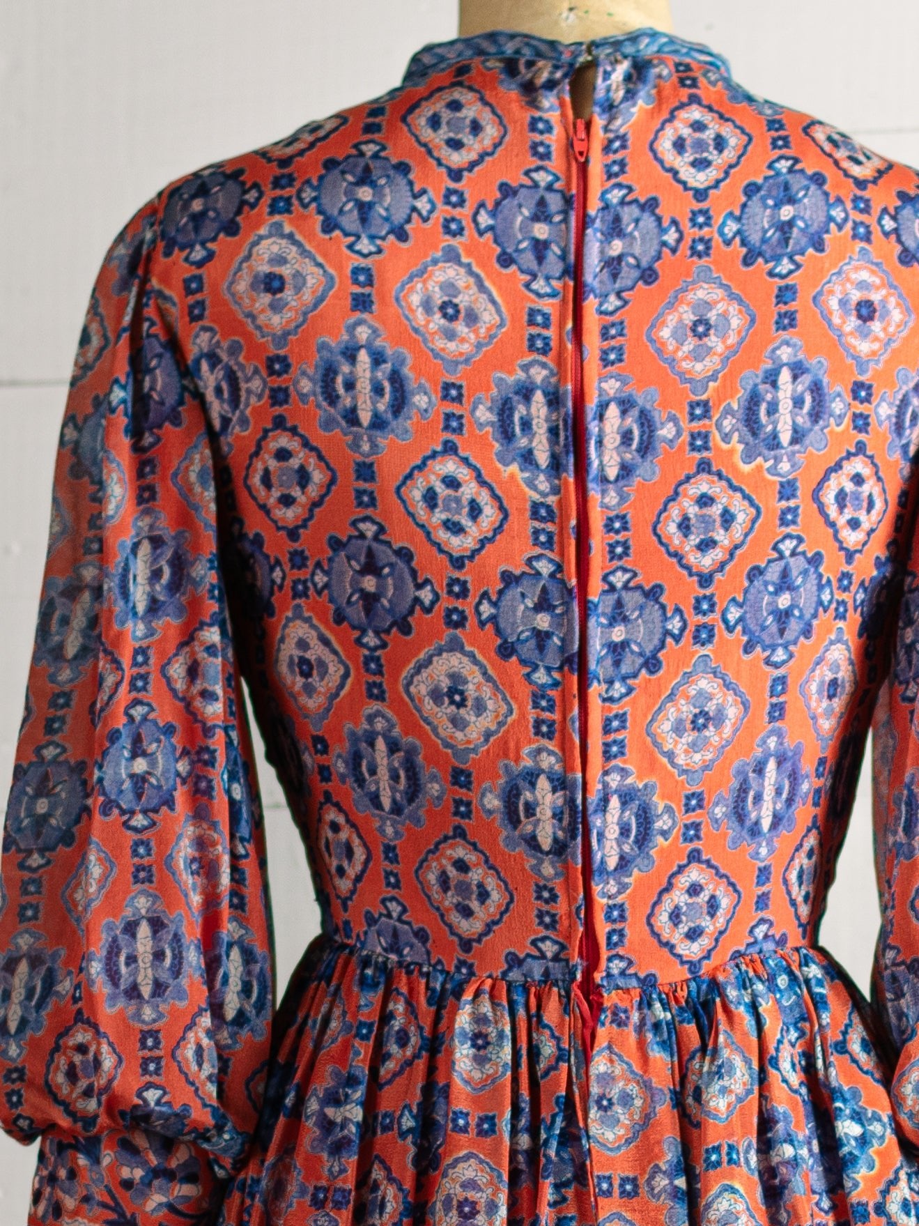 1970s Orange & Blue Silk Indian Block Print Dress - Size XS - Second Sight Vintage