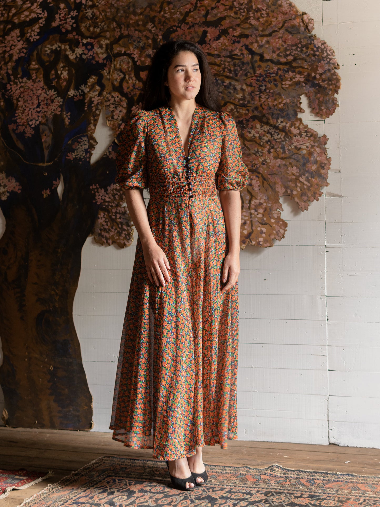 Vintage 1970s Orange Floral Maxi Dress