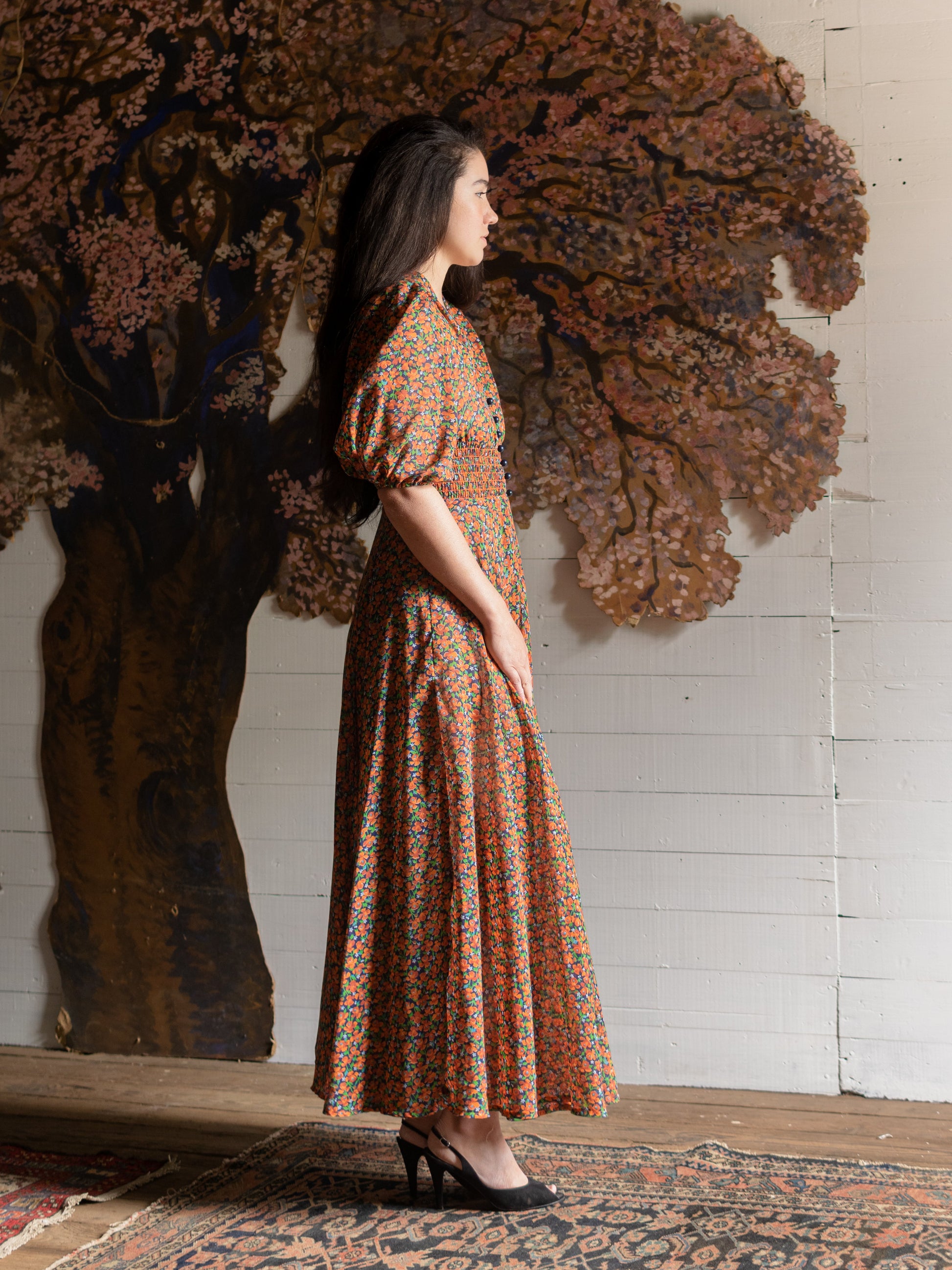 Vintage 1970s Orange Floral Maxi Dress