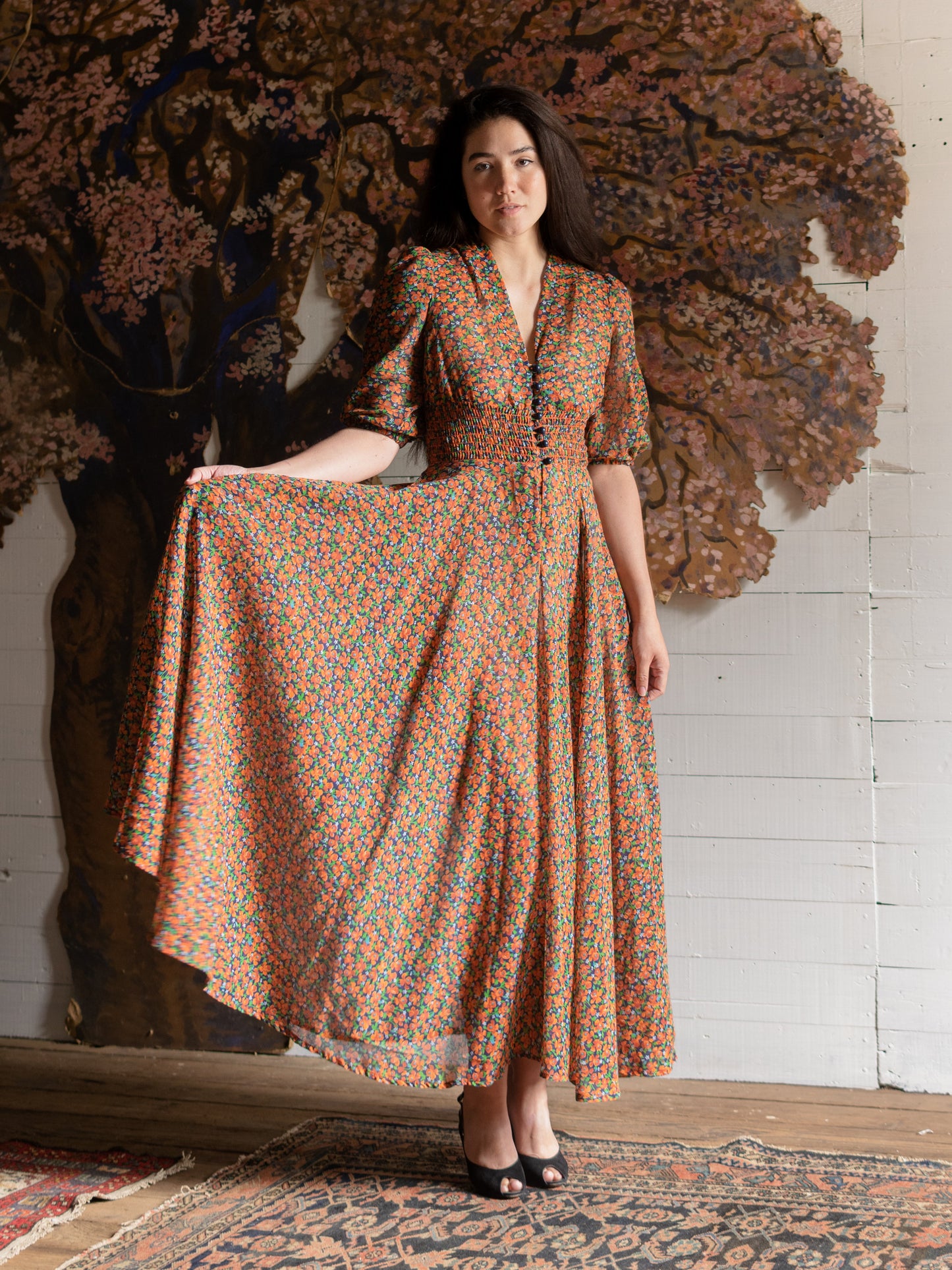1970s Orange Floral Full Length Dress - Size S M - Second Sight Vintage