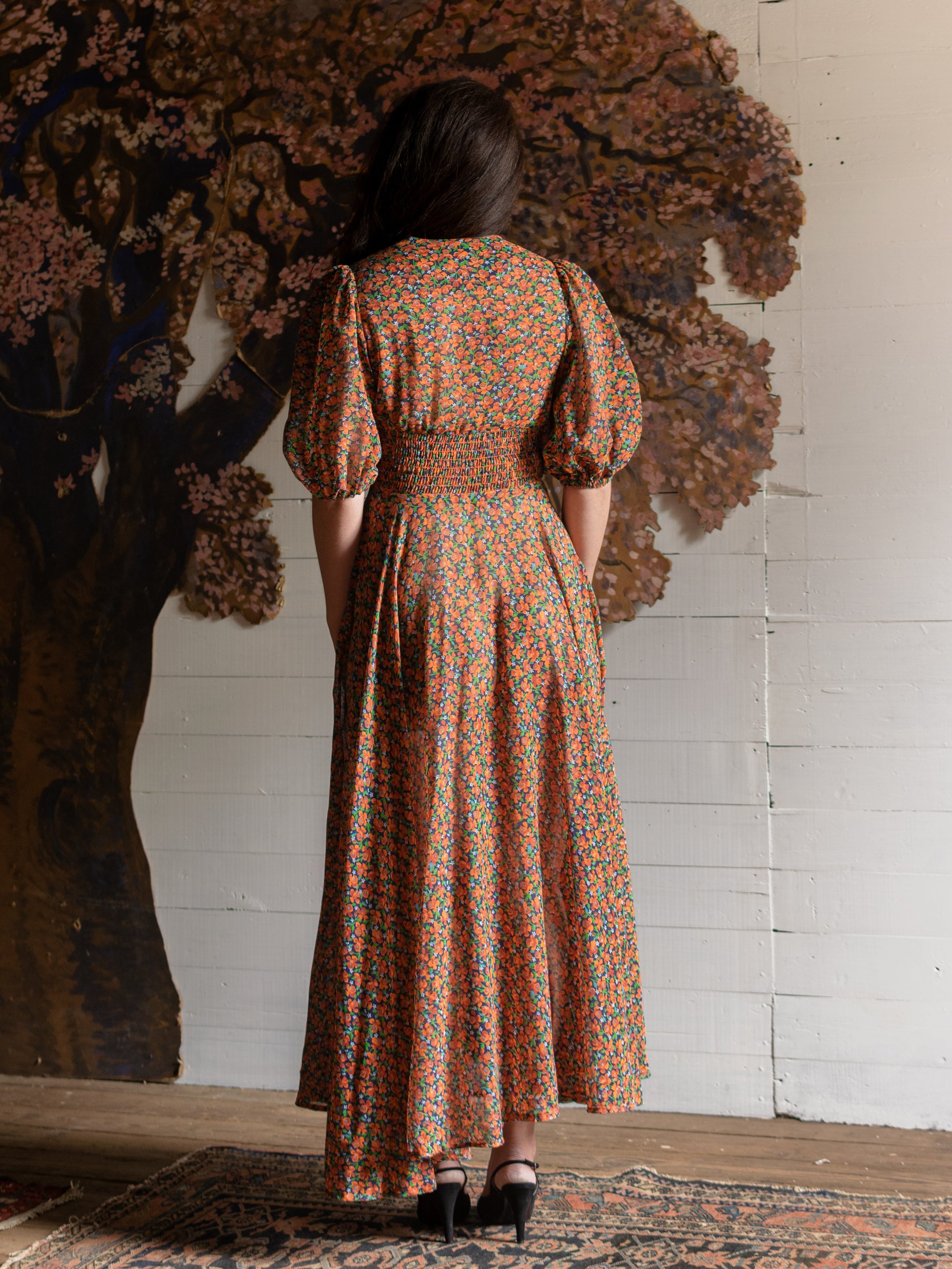 70s print midi dress Vintage 1970s Orange Floral Maxi Dress