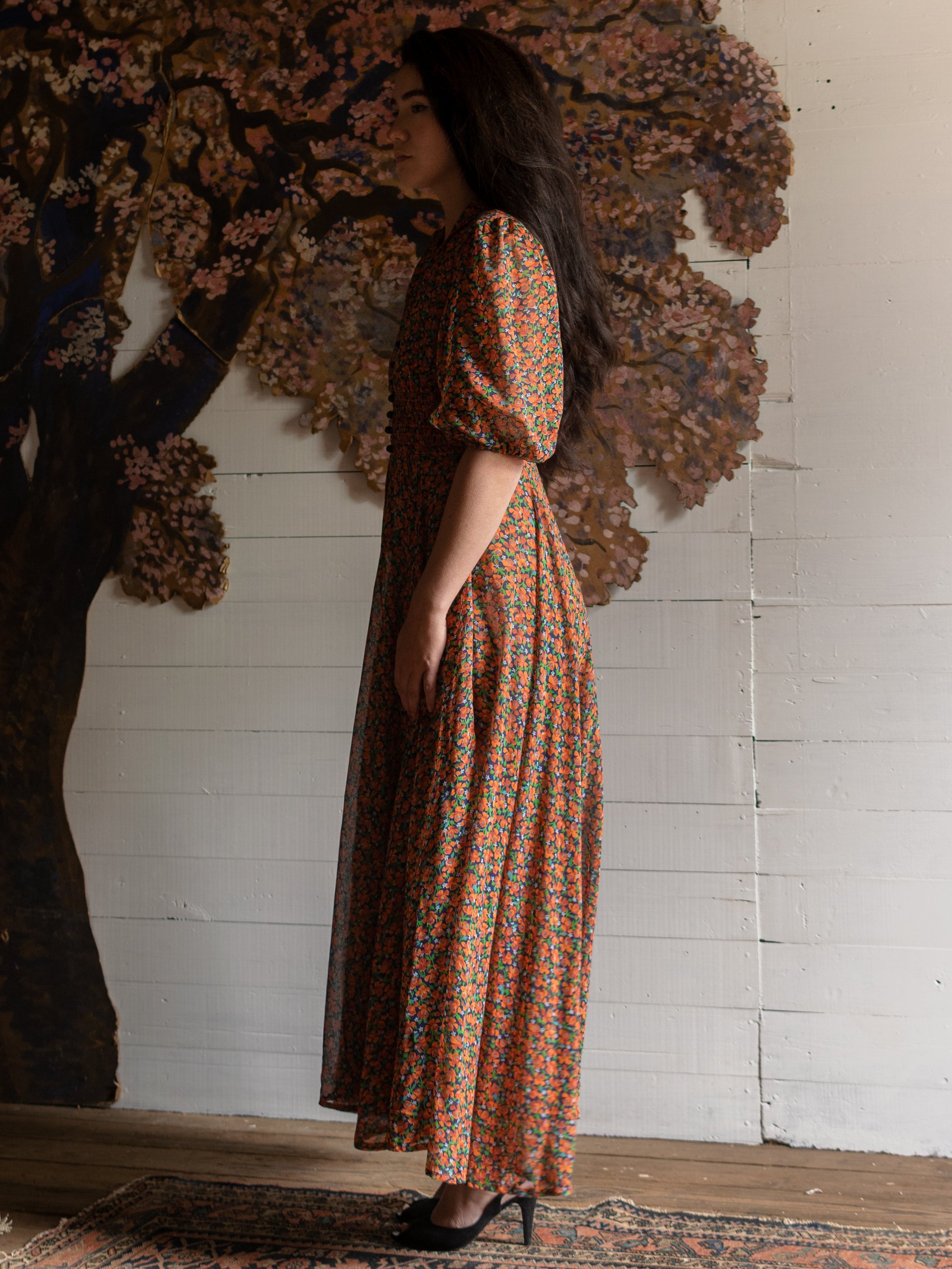 vintage seventies dresses Vintage 1970s Orange Floral Maxi Dress