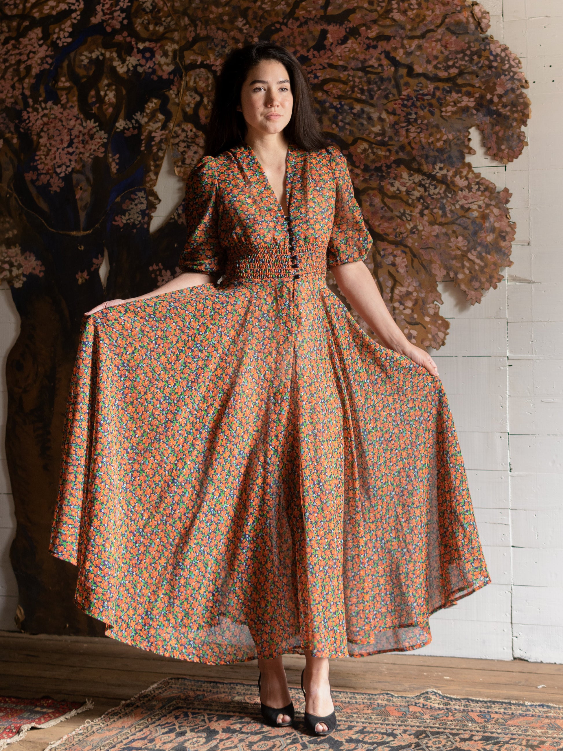Vintage 1970s Orange Floral Maxi Dress - Size S M Second Sight Vintage Vintage 1970s Orange Floral Maxi Dress - Size S M Second Sight Vintage