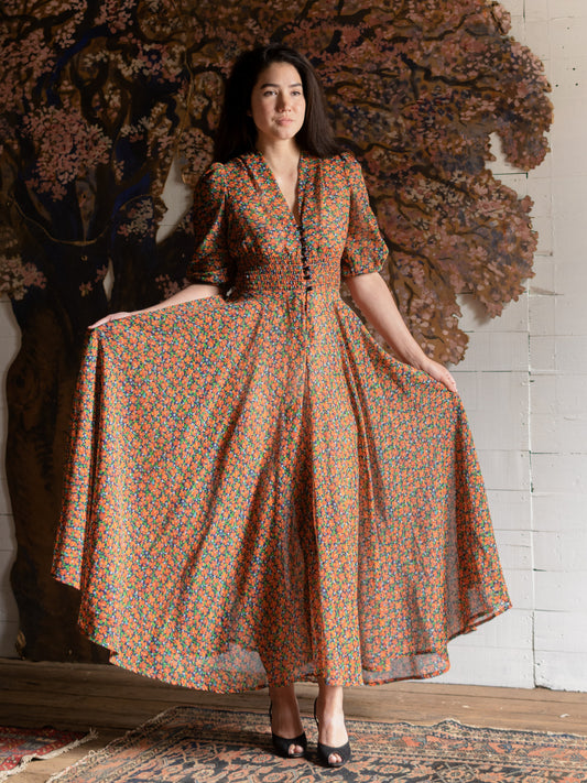 1970s Orange Floral Full Length Dress - Size S M - Second Sight Vintage