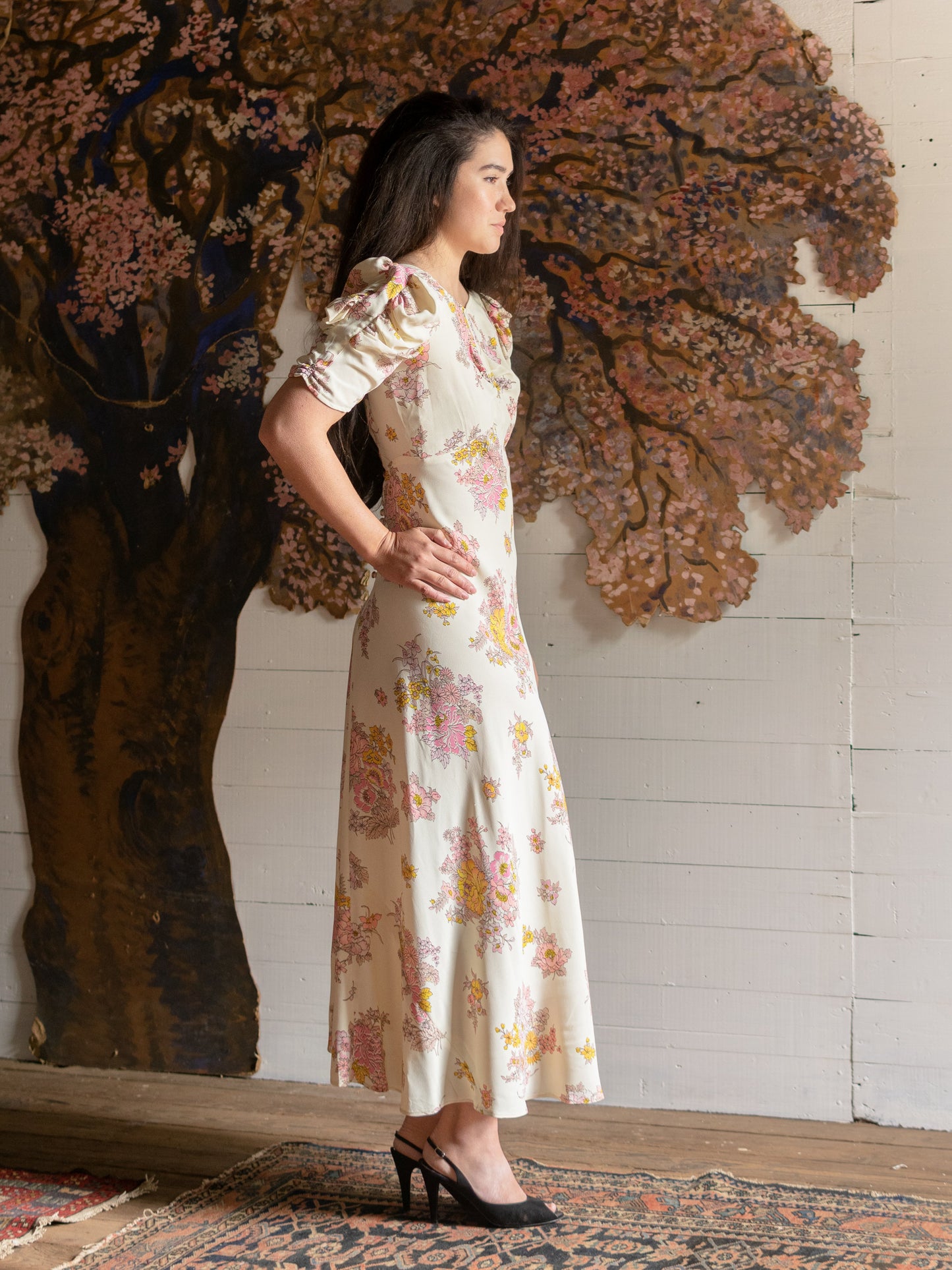 1970s Pristine Pink & Yellow Floral Puff Sleeve Gown - Size S M - Second Sight Vintage