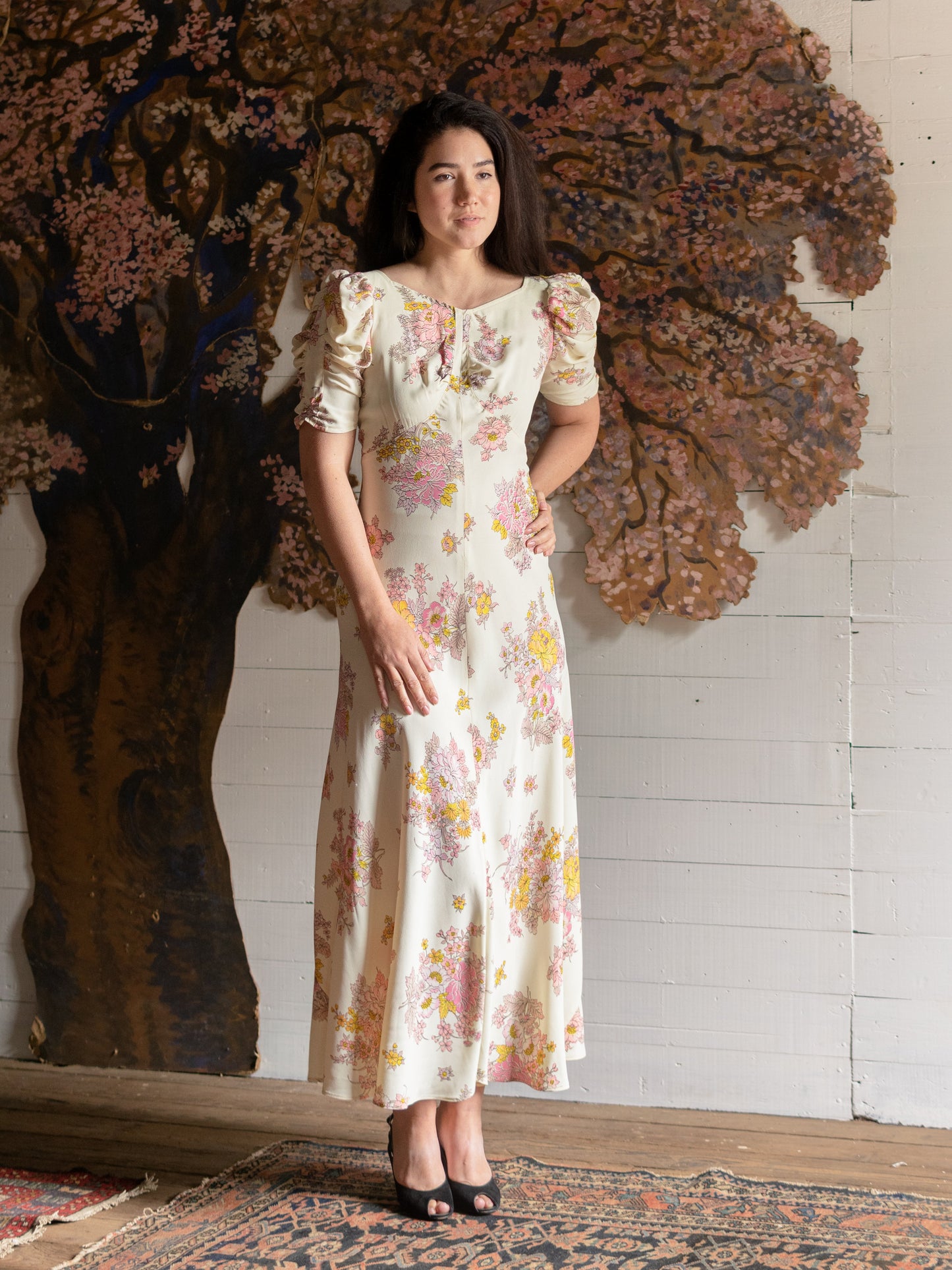 1970s Pristine Pink & Yellow Floral Puff Sleeve Gown - Size S M - Second Sight Vintage