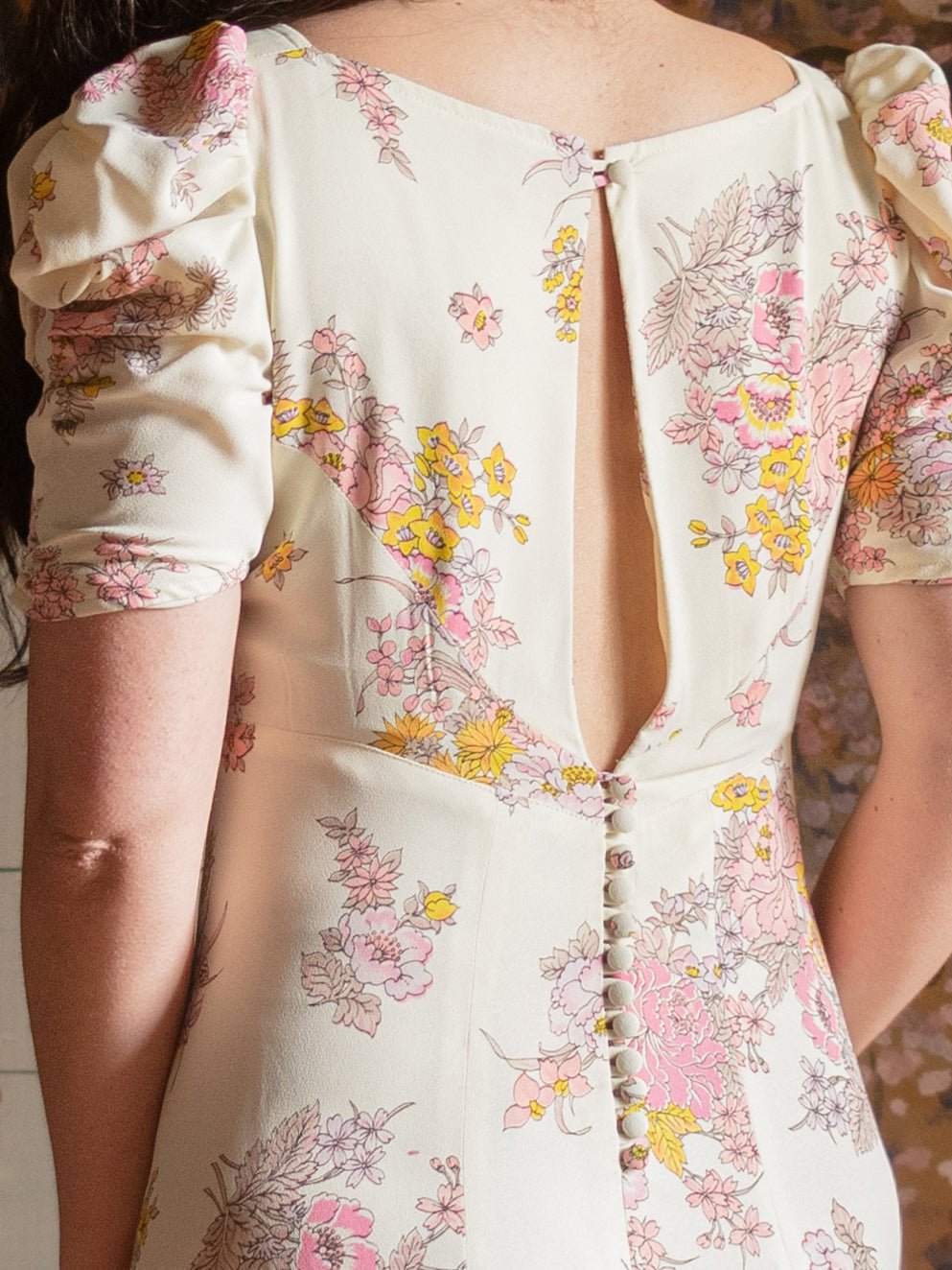 1970s Pristine Pink & Yellow Floral Puff Sleeve Gown - Size S M - Second Sight Vintage