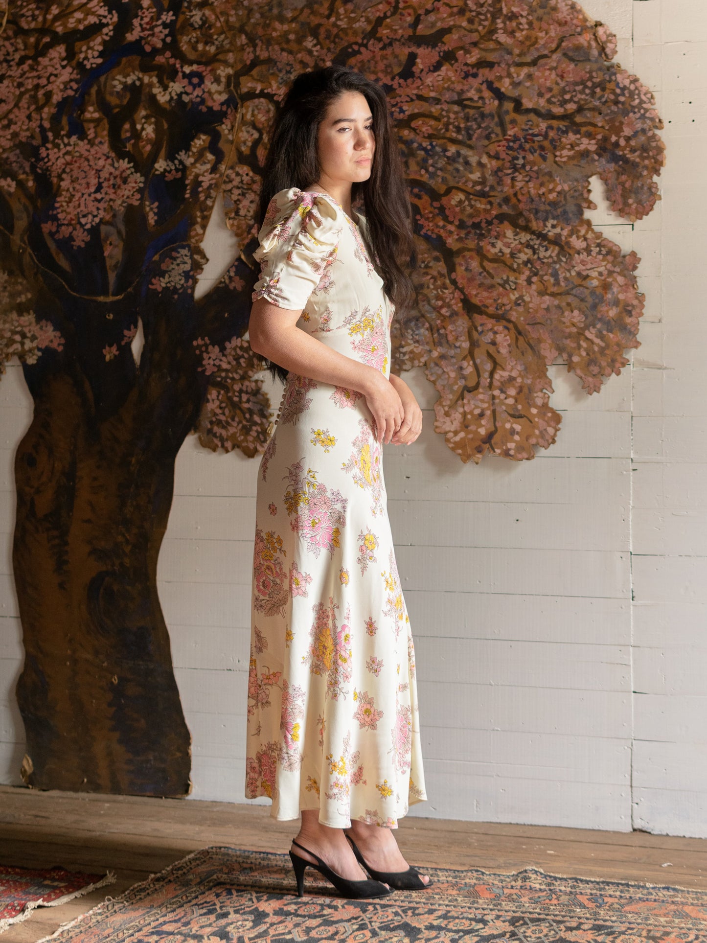 1970s Pristine Pink & Yellow Floral Puff Sleeve Gown - Size S M - Second Sight Vintage