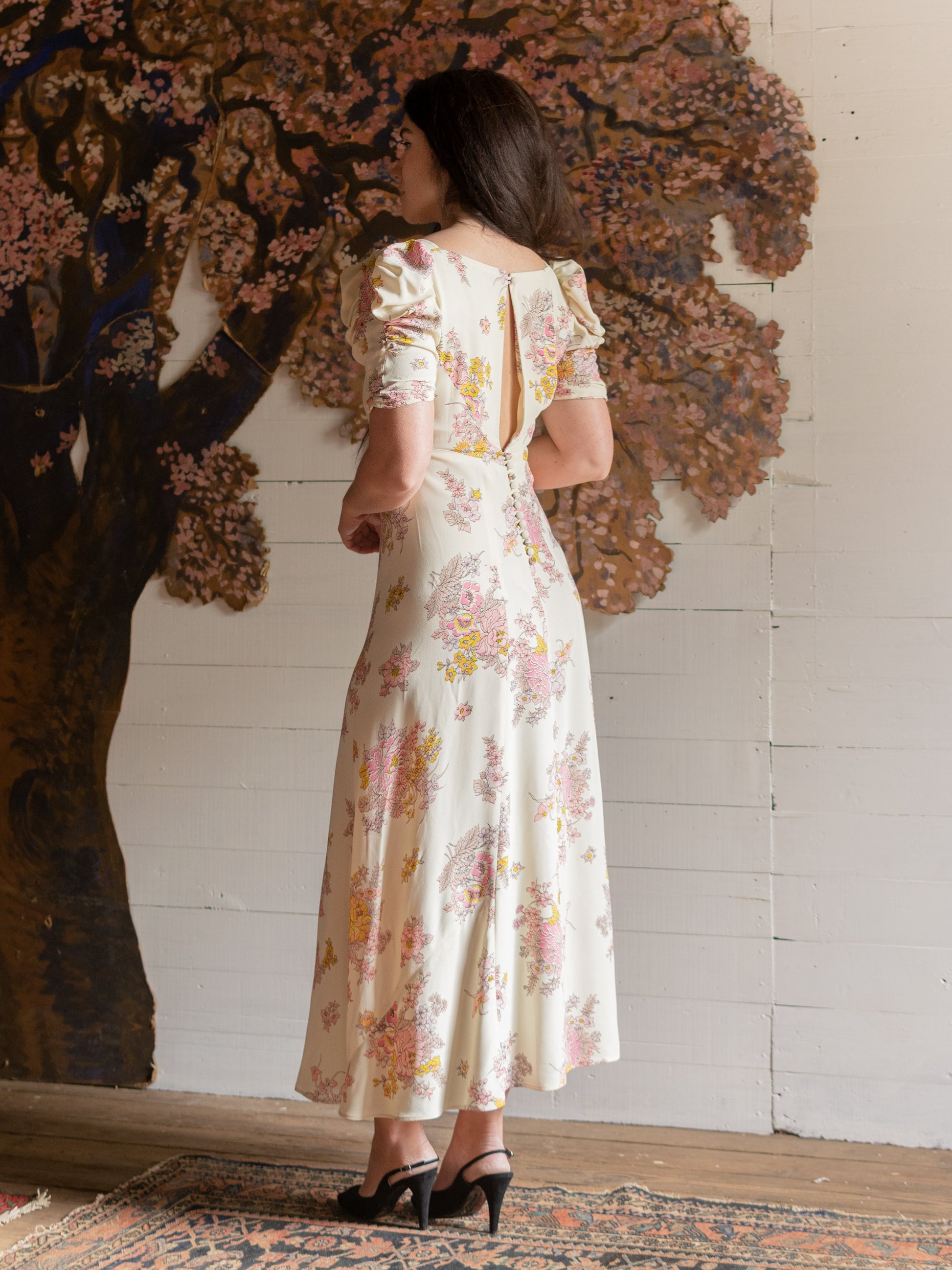 1970s Pristine Pink & Yellow Floral Puff Sleeve Gown - Size S M - Second Sight Vintage