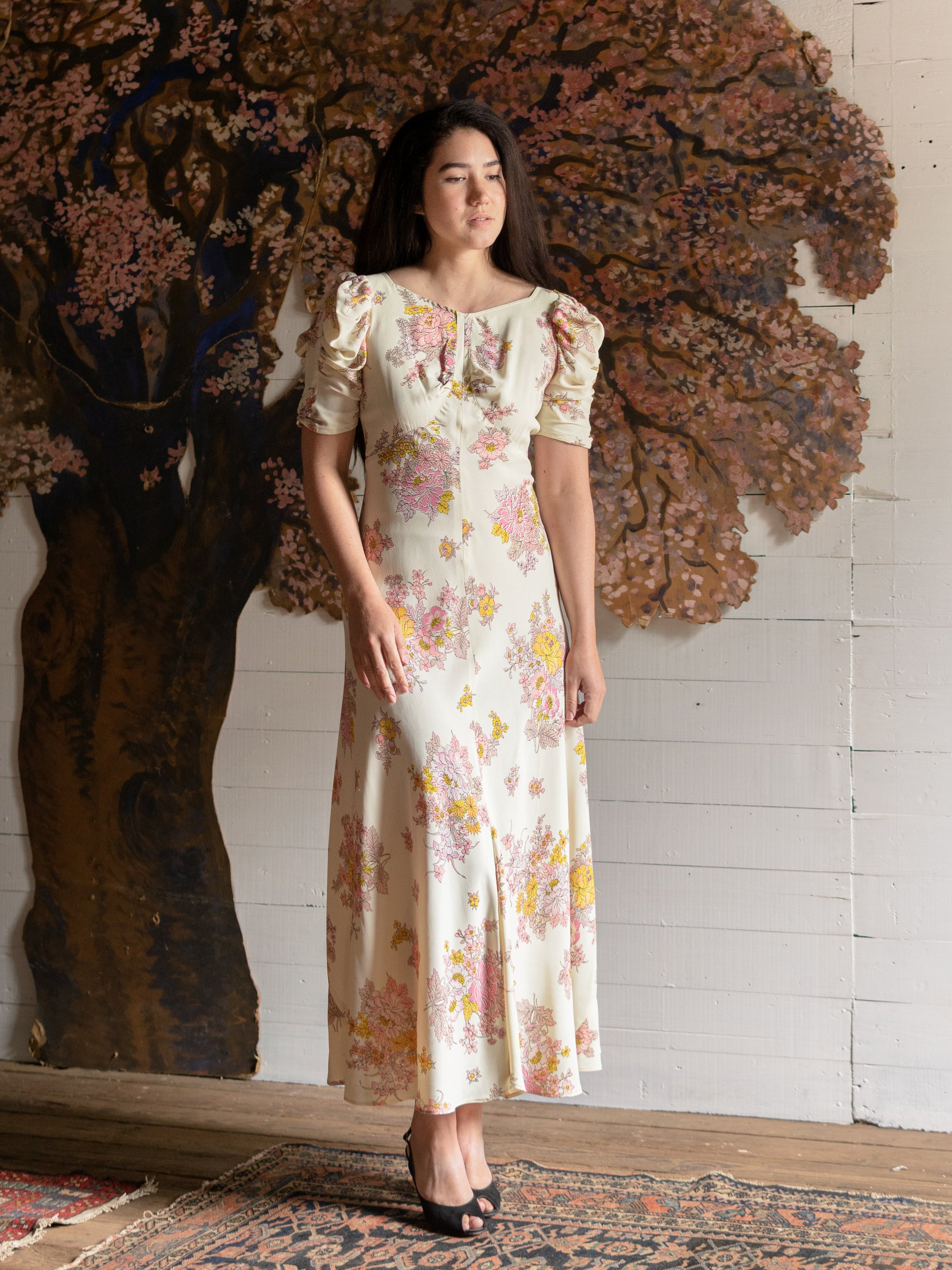 1970s Pristine Pink & Yellow Floral Puff Sleeve Gown - Size S M - Second Sight Vintage