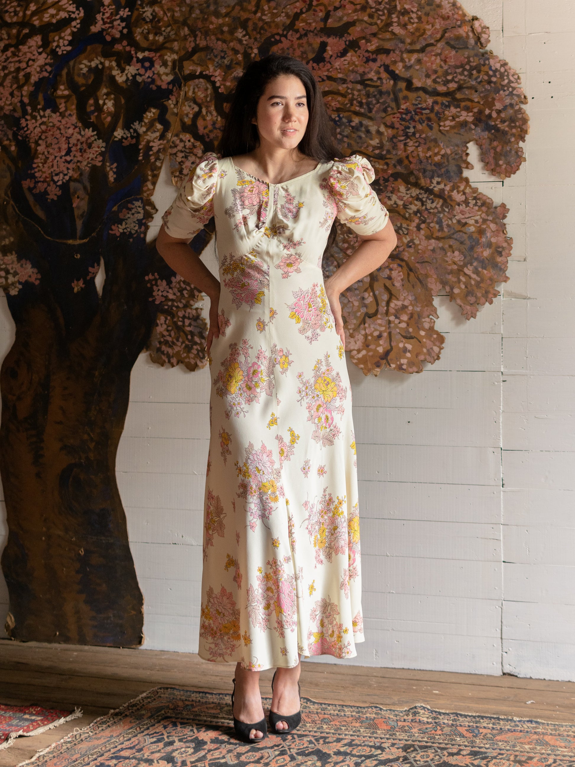 1970s Pristine Pink & Yellow Floral Puff Sleeve Gown