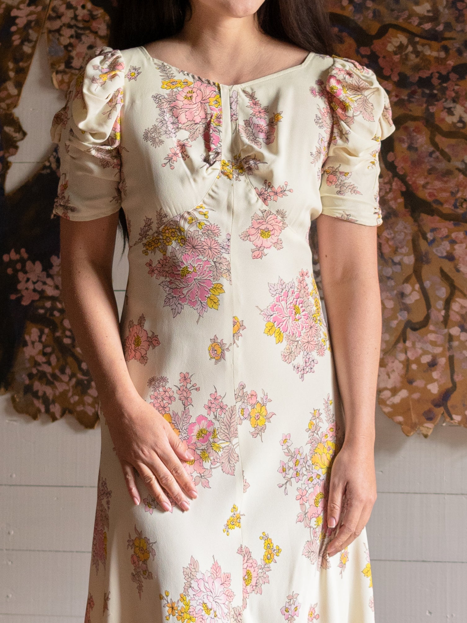 1970s Pristine Pink & Yellow Floral Puff Sleeve Gown - Size S M - Second Sight Vintage
