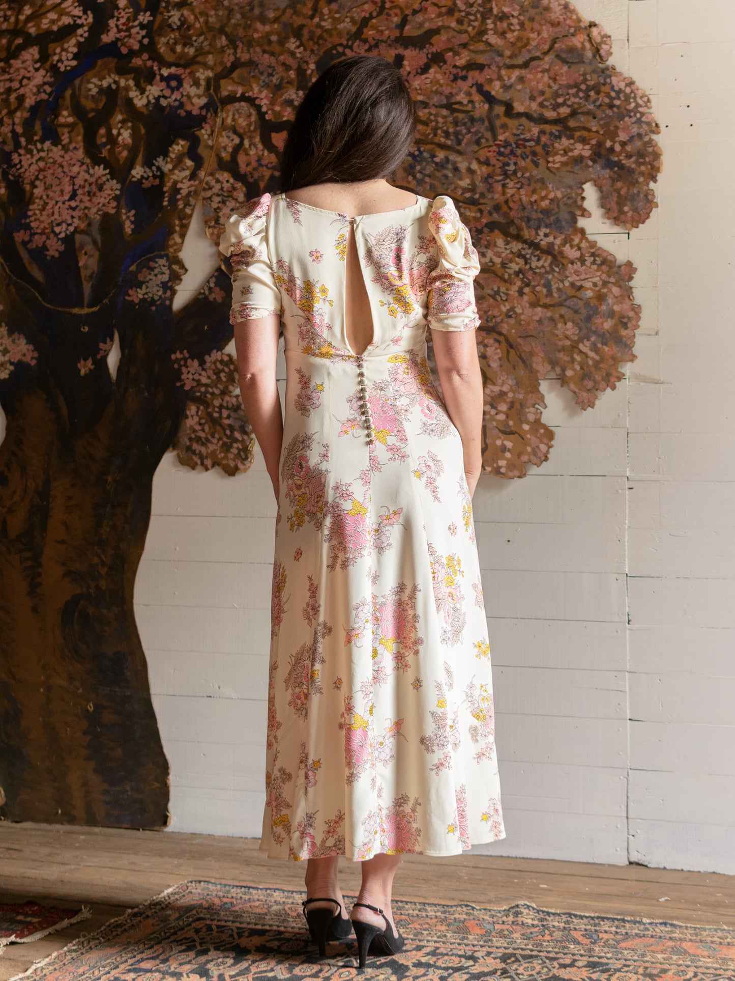 1970s Pristine Pink & Yellow Floral Puff Sleeve Gown - Size S M - Second Sight Vintage