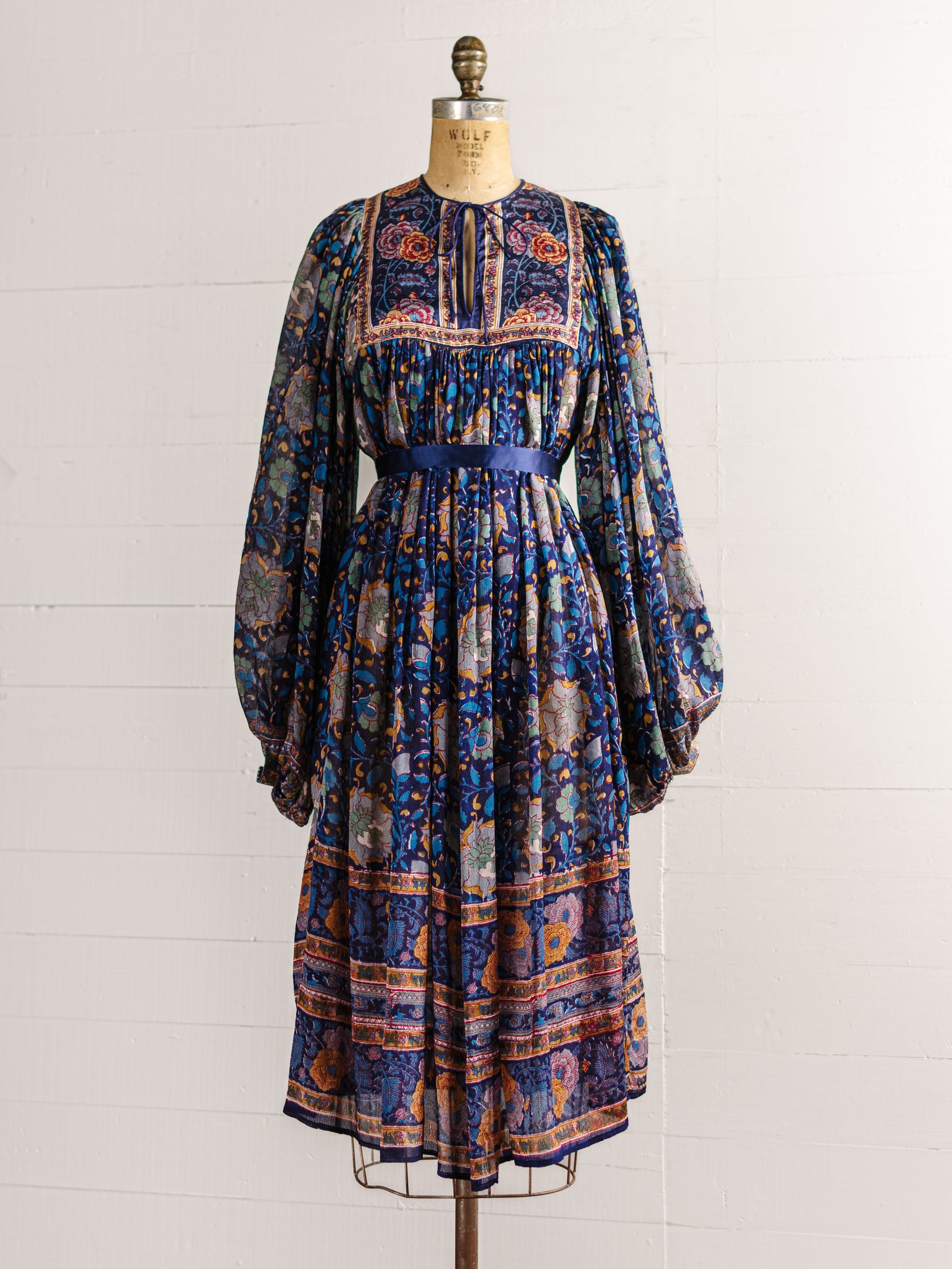 1970s Ritu Kumar For Judith Ann Blue & Orange Silk Indian Dress - Size S M L - Second Sight Vintage