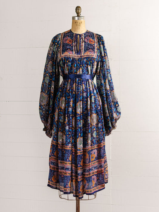 1970s Ritu Kumar For Judith Ann Blue & Orange Silk Indian Dress - Size S M L - Second Sight Vintage