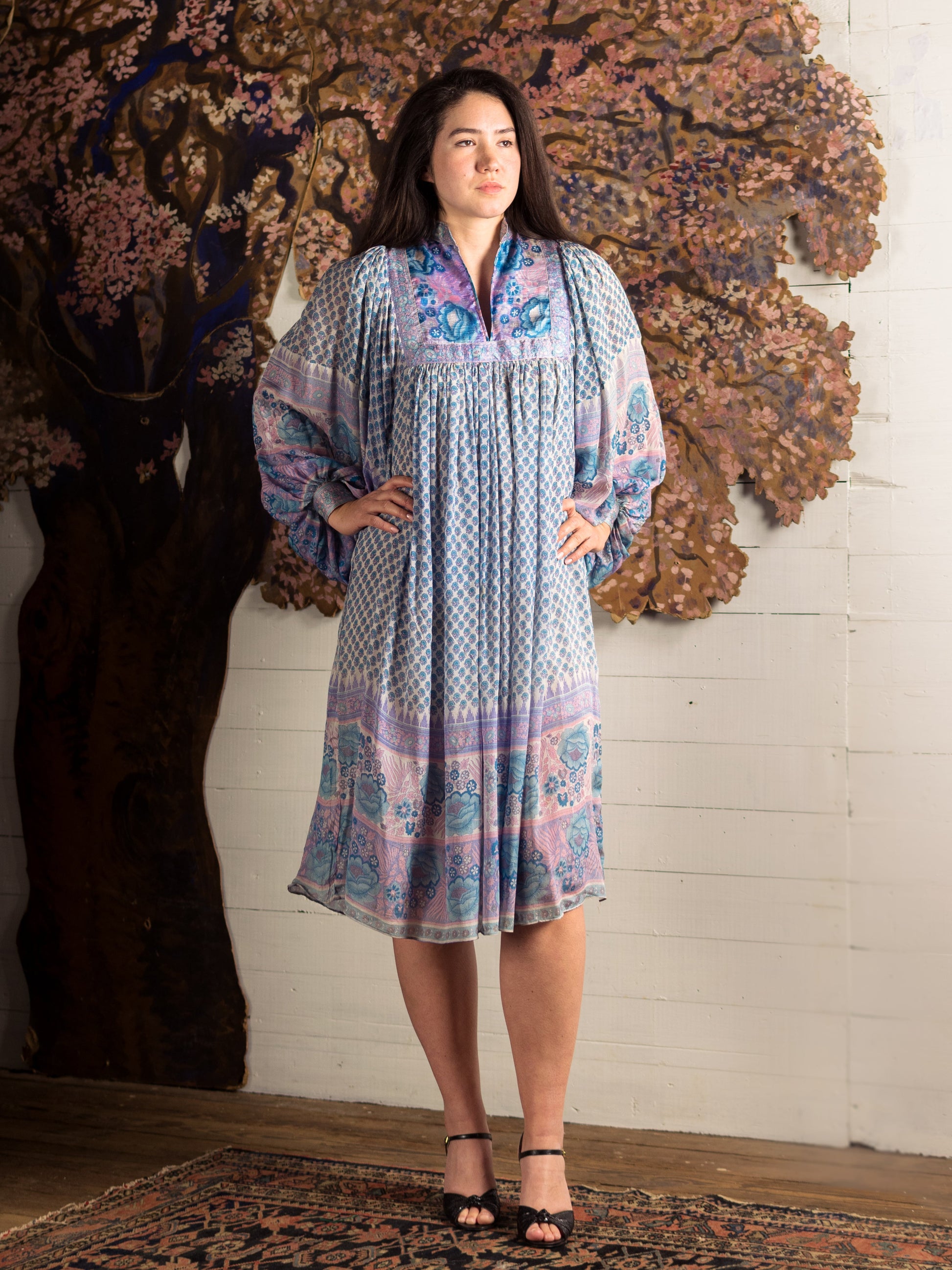 Vintage 1970s Ritu Kumar For Judith Ann Purple & Blue Pastel Silk India Dress