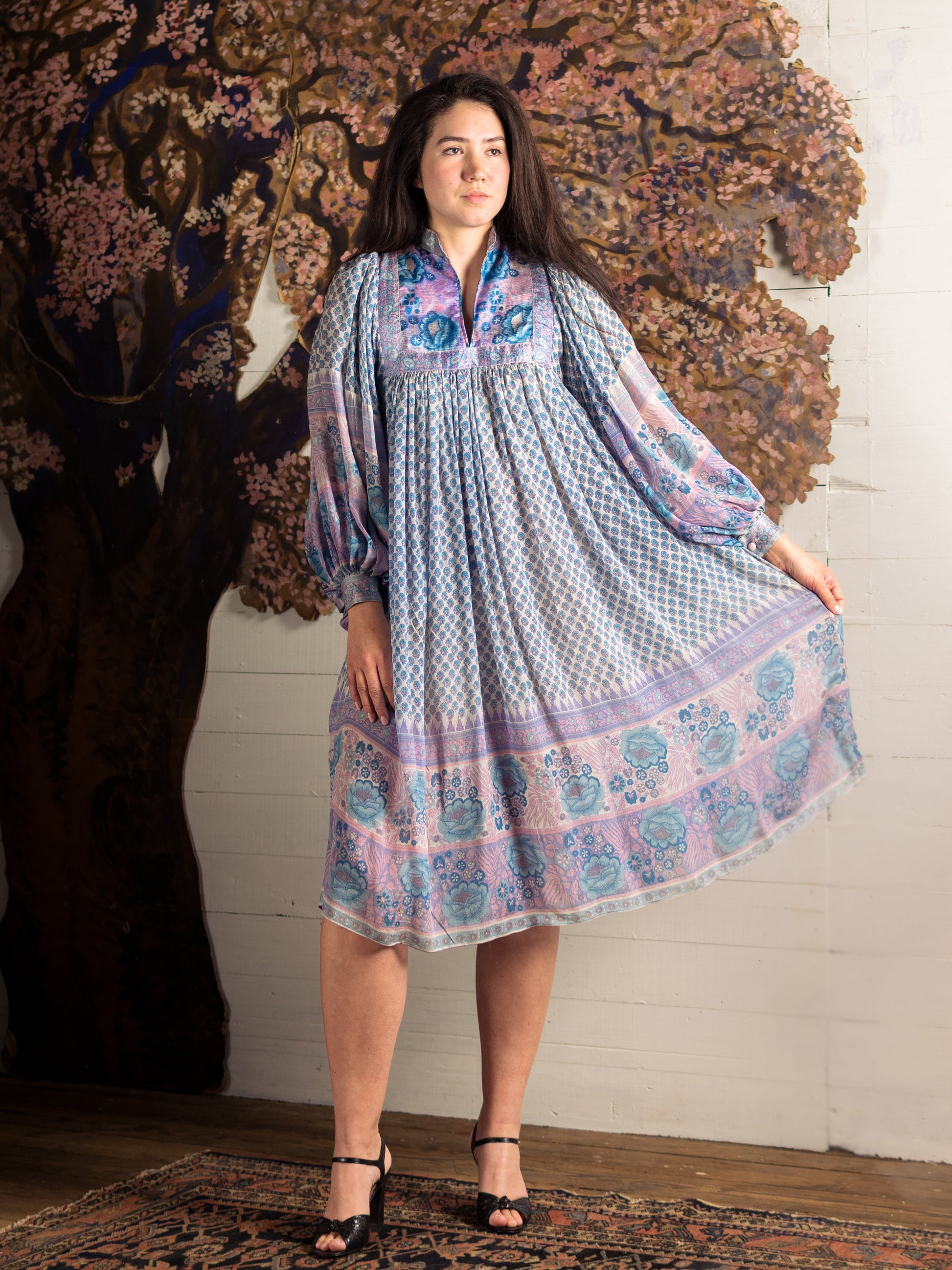 Vintage 1970s Ritu Kumar For Judith Ann Purple & Blue Pastel Silk India Dress - Size XS Second Sight Vintage Vintage 1970s Ritu Kumar For Judith Ann Purple & Blue Pastel Silk India Dress - Size XS Second Sight Vintage