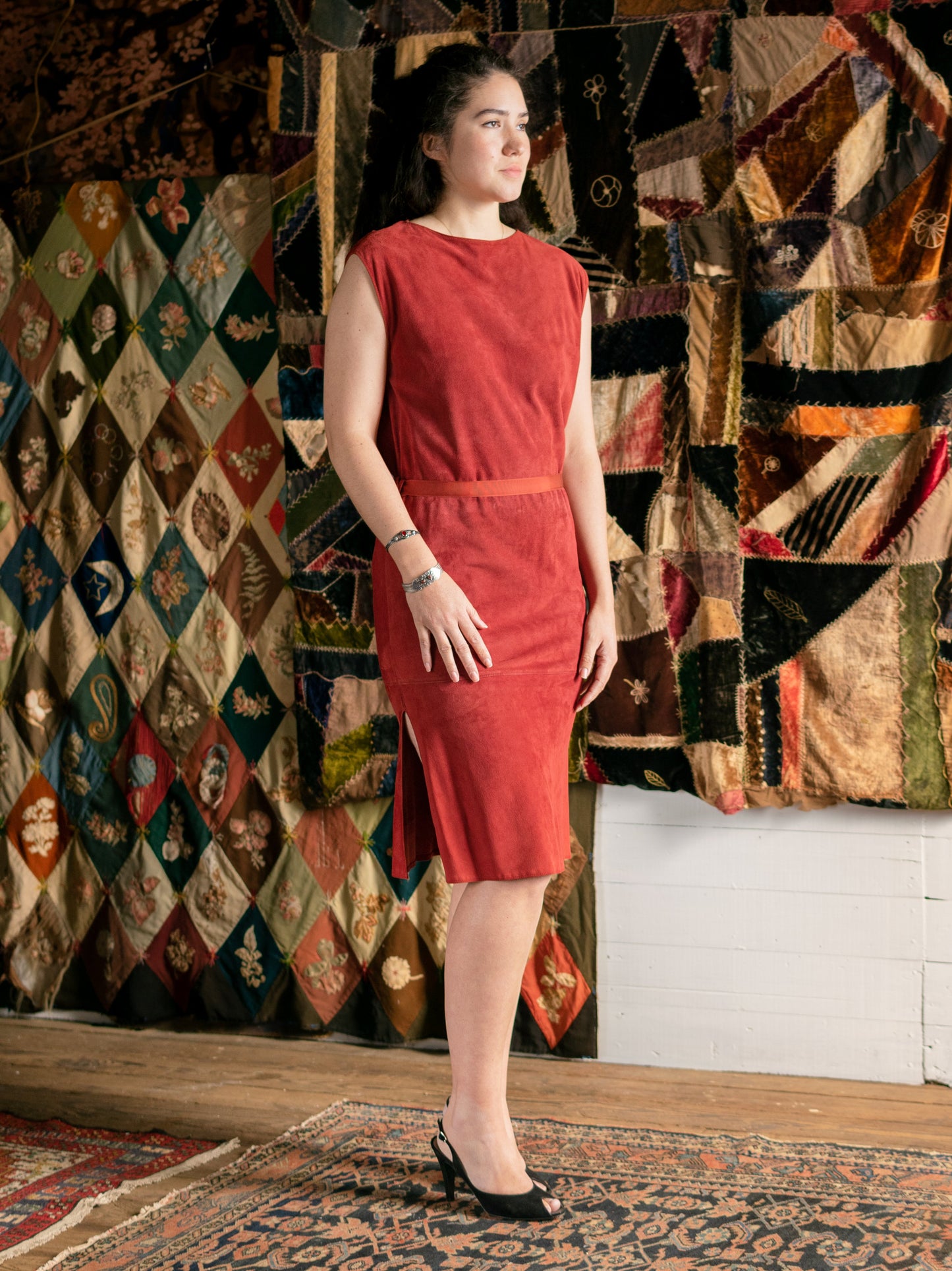 1980s Versace Designer Suede Lace Up Sheath Dress - Size XS S - Second Sight Vintage