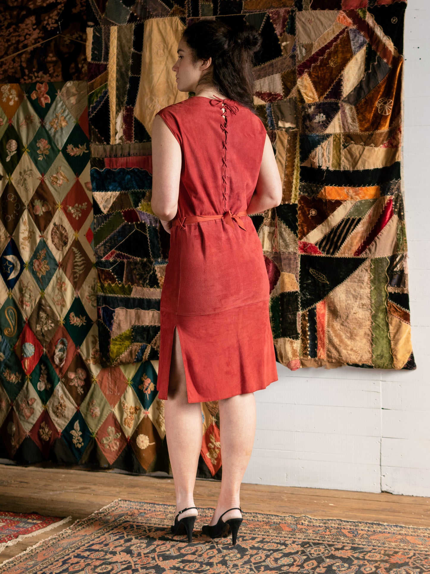 1980s Versace Designer Suede Lace Up Sheath Dress - Size XS S - Second Sight Vintage