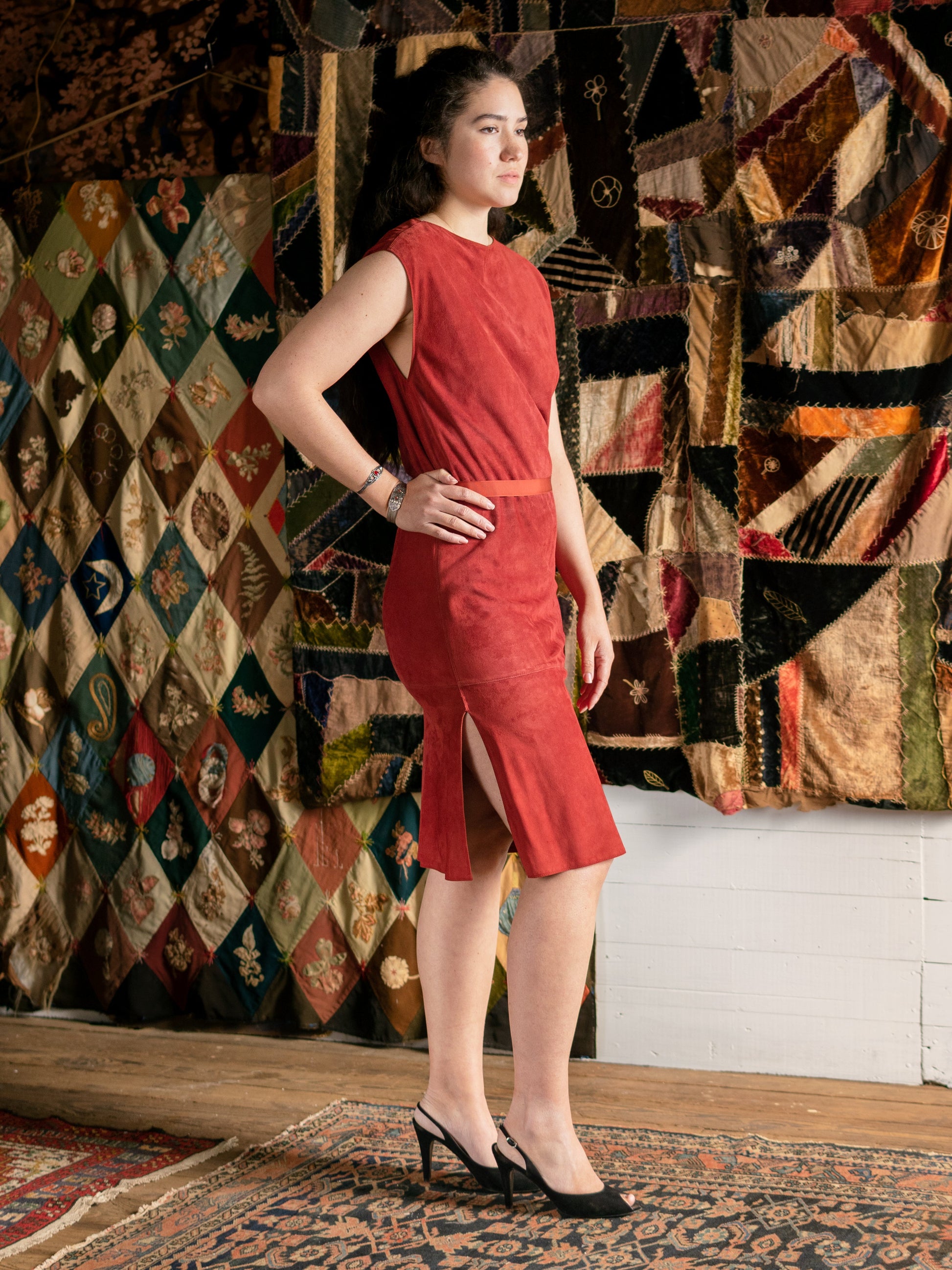 1980s Versace Designer Suede Lace Up Sheath Dress - Size XS S - Second Sight Vintage
