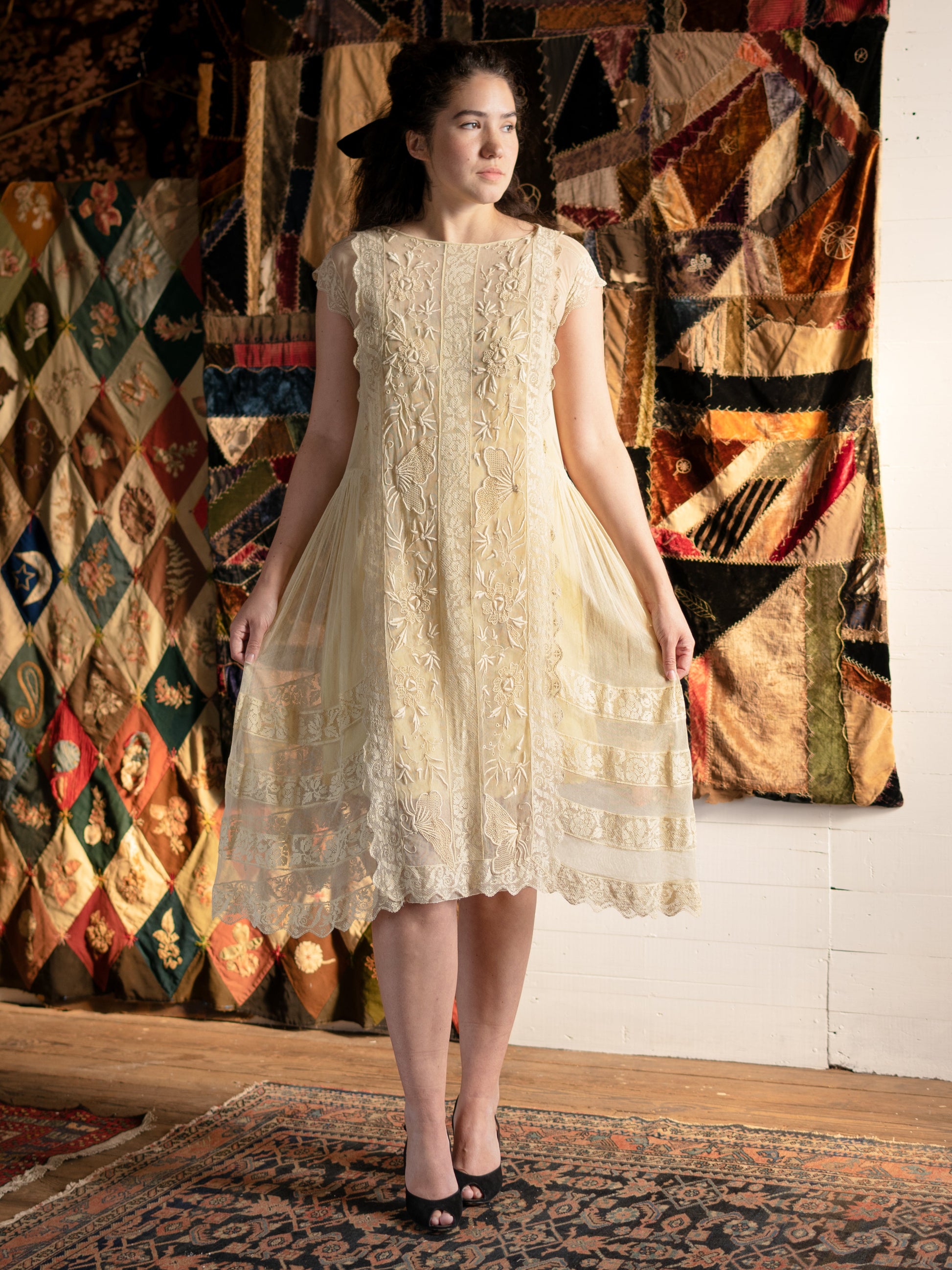 Antique 1920s Flawless Embroidered Net & Lace Butterfly Dress - Size XS S - Second Sight Vintage