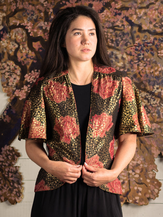 Antique 1920's Lamé Rose Cape Jacket - Size XS S M - Second Sight Vintage