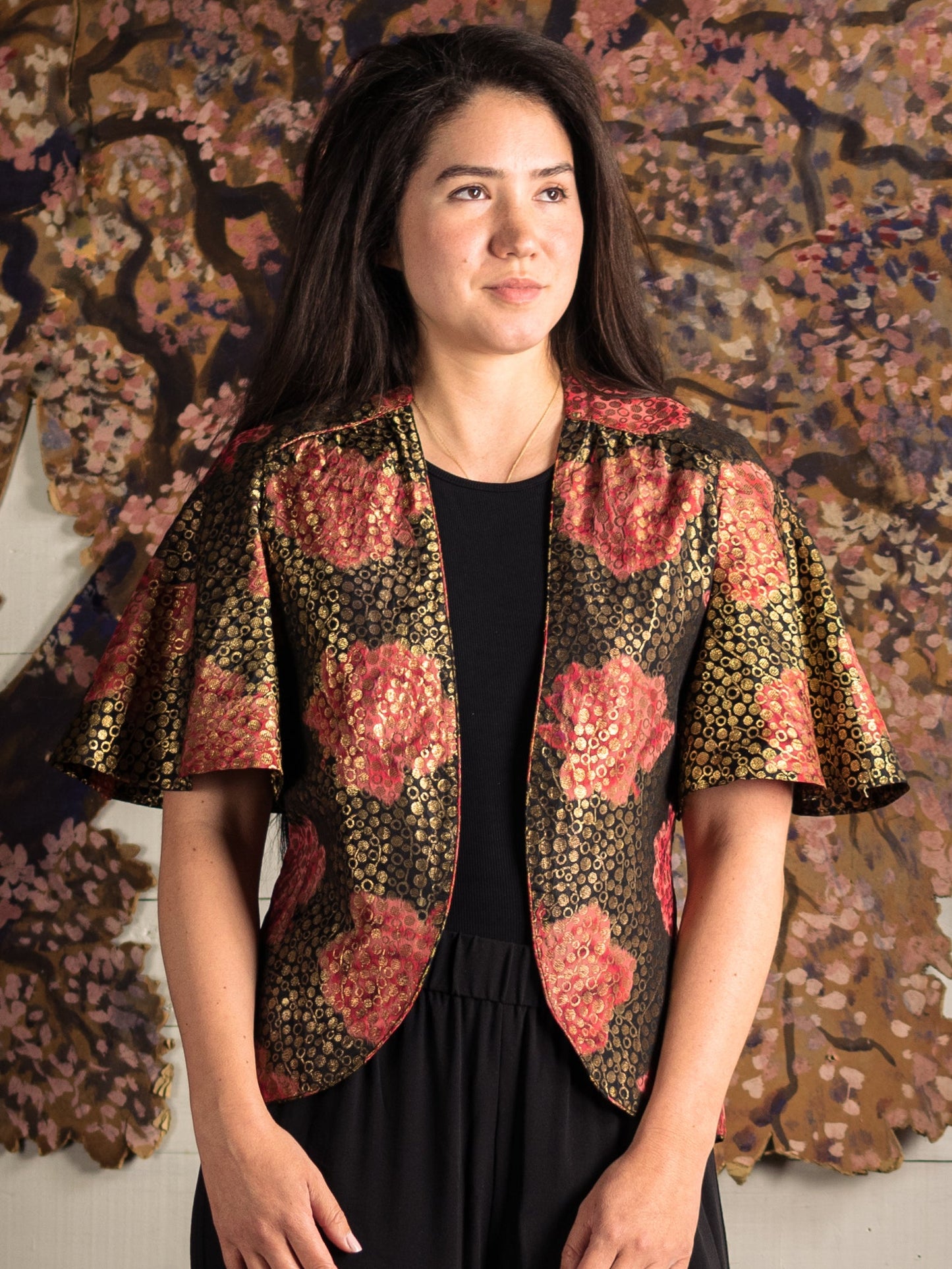 Antique 1920's Lamé Rose Cape Jacket - Size XS S M - Second Sight Vintage