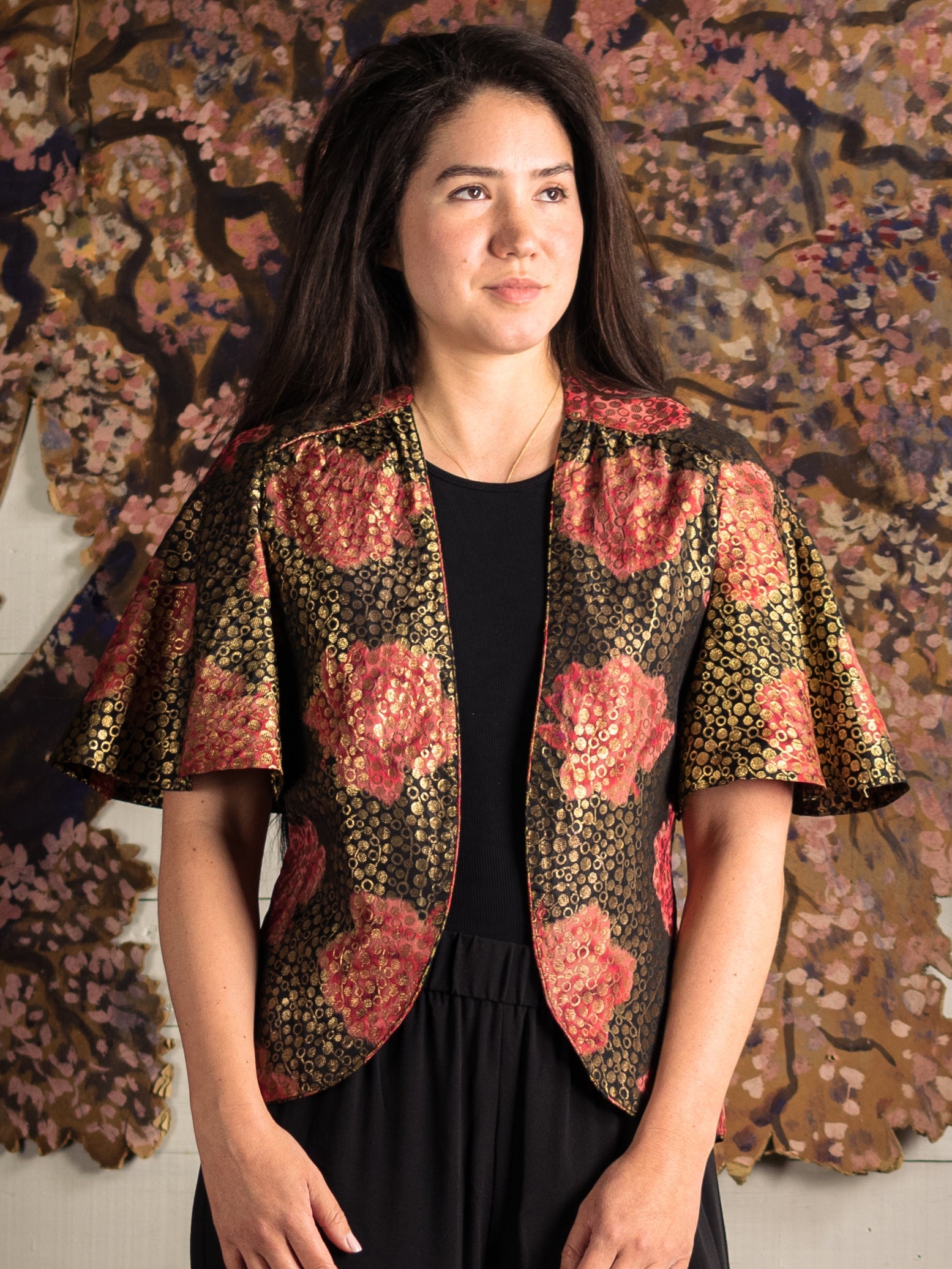 Antique 1920's Lamé Rose Cape Jacket - Size XS S M - Second Sight Vintage