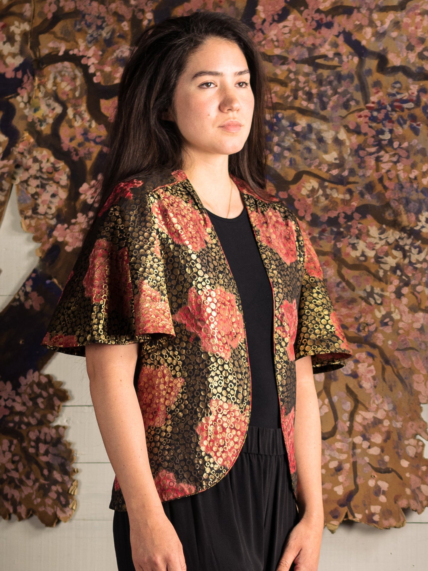 Antique 1920's Lamé Rose Cape Jacket - Size XS S M - Second Sight Vintage