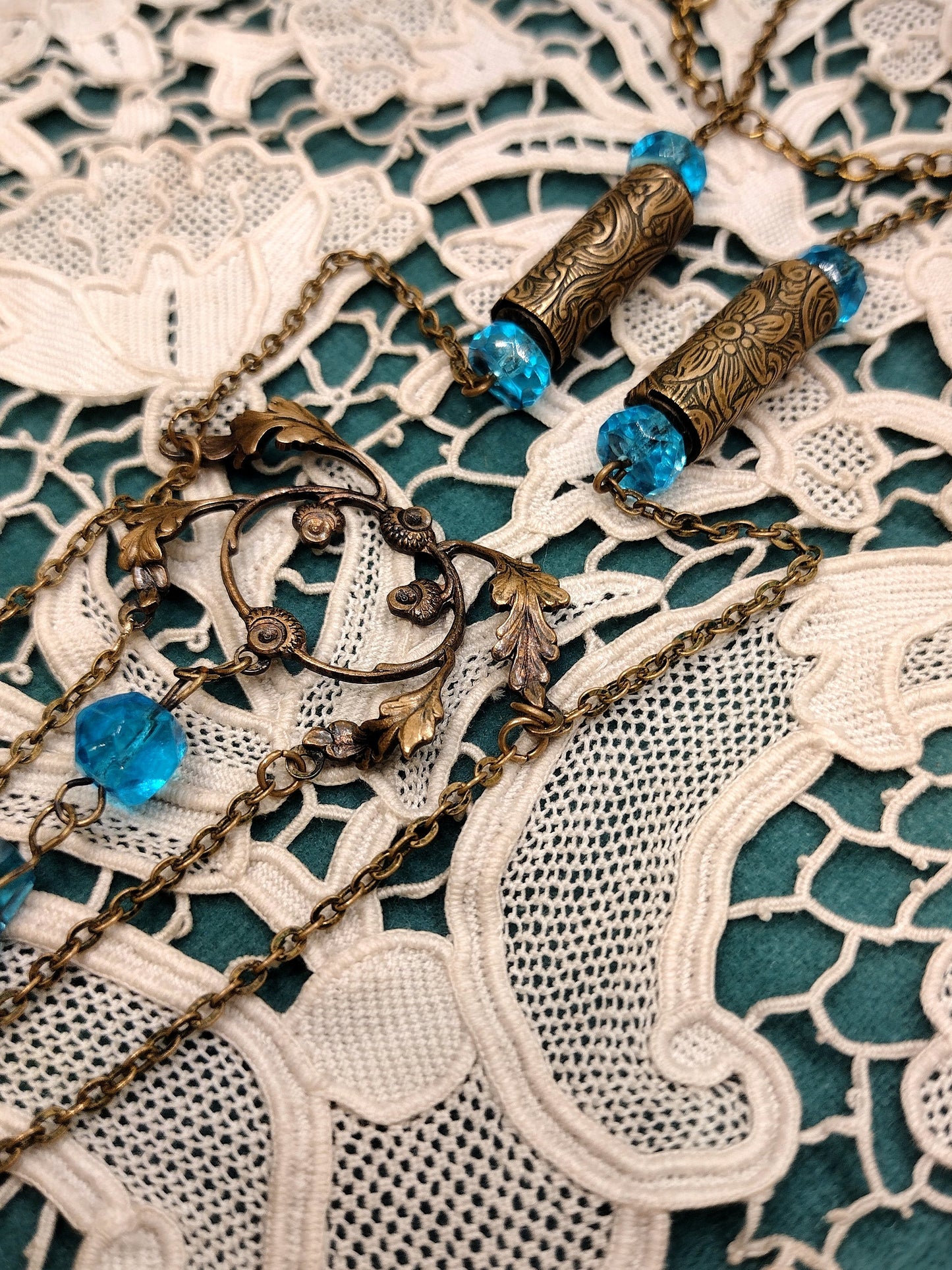 Antique Blue Czech Glass Brass Necklace with Acorn & Oak Leaf Details - Second Sight Vintage
