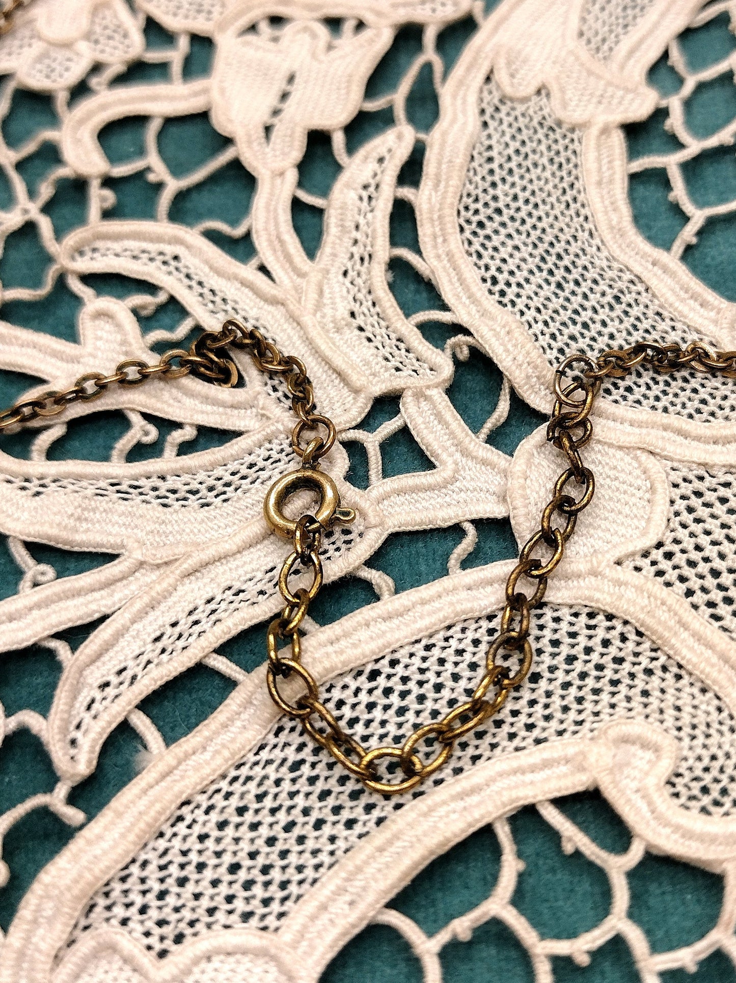 Antique Blue Czech Glass Brass Necklace with Acorn & Oak Leaf Details - Second Sight Vintage
