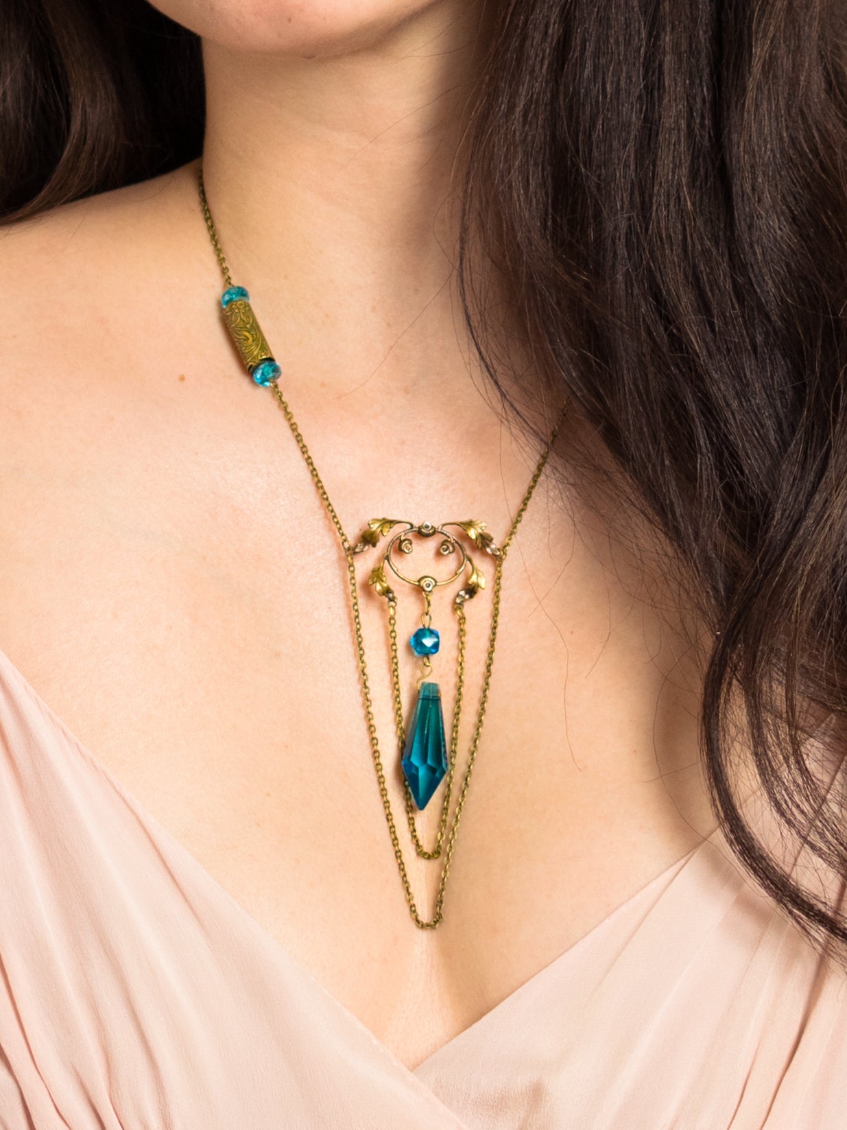 Antique Blue Czech Glass Brass Necklace with Acorn & Oak Leaf Details - Second Sight Vintage