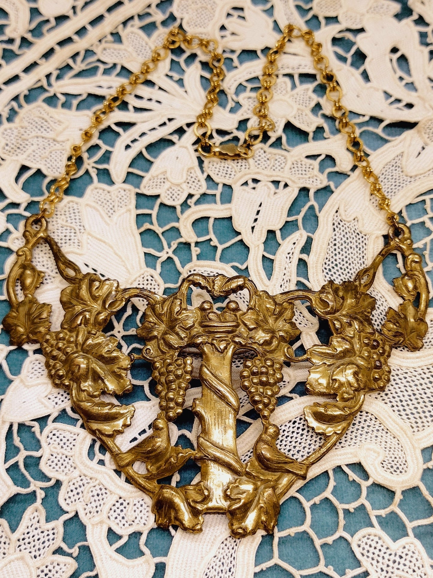Antique Ornate Brass Necklace with Grapevines and Birds - Second Sight Vintage