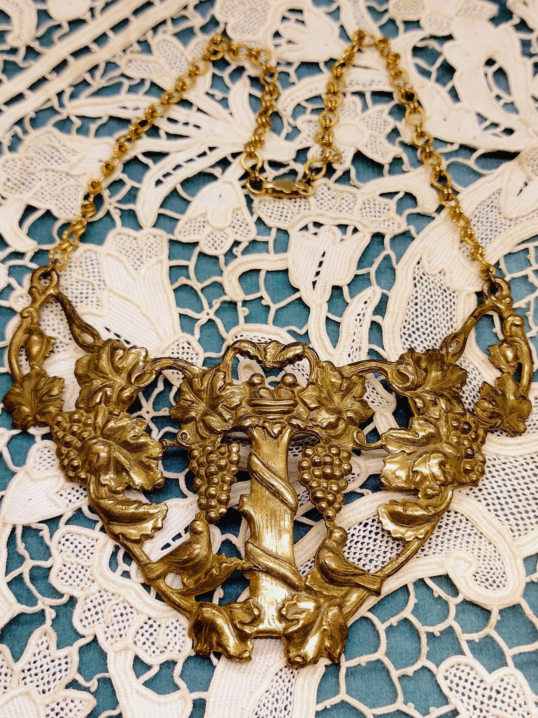 Antique Ornate Brass Necklace with Grapevines and Birds - Second Sight Vintage
