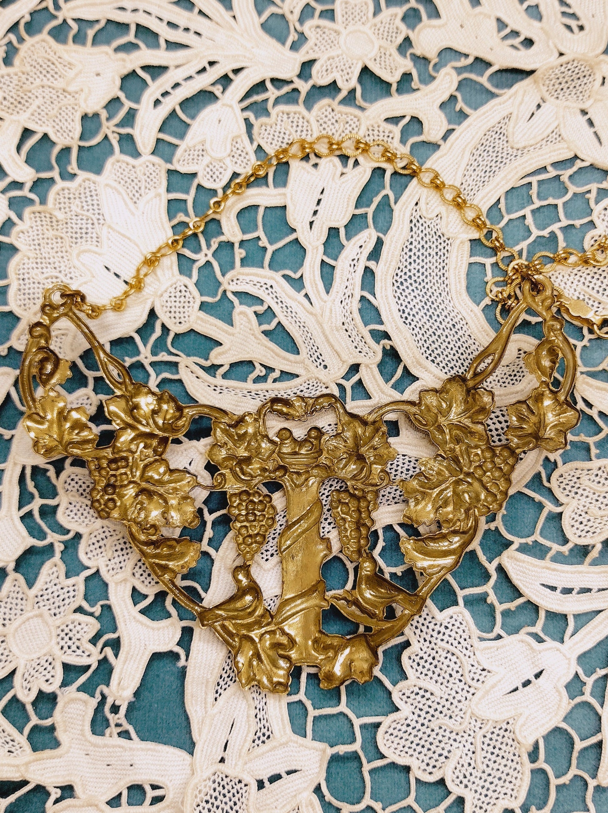 Antique Ornate Brass Necklace with Grapevines and Birds - Second Sight Vintage