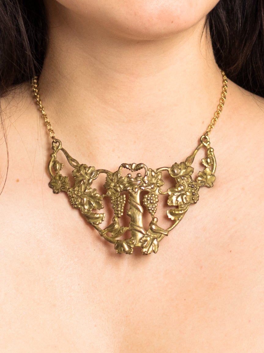 Antique Ornate Brass Necklace with Grapevines and Birds - Second Sight Vintage