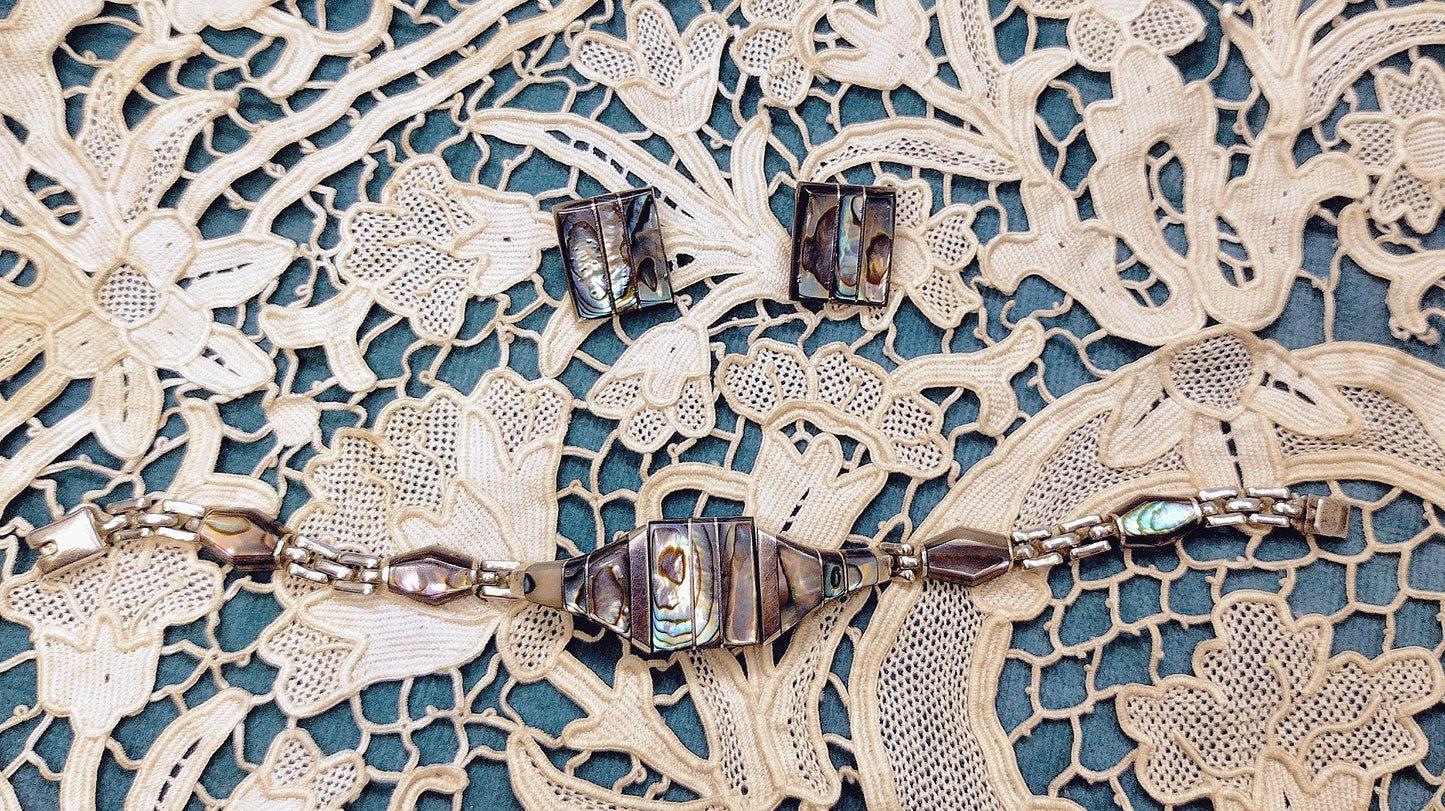 Vintage 950 Silver & Abalone 3 Piece Jewelry Set - Necklace, Bracelet & Earrings - Second Sight Vintage