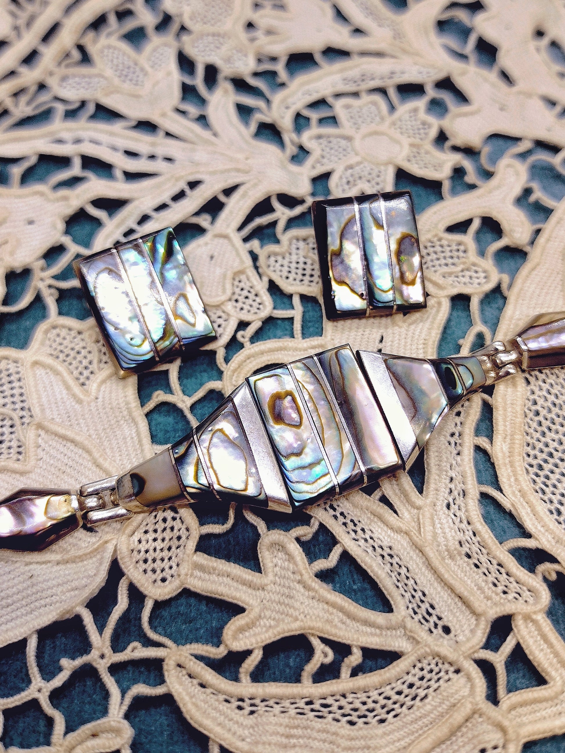 Vintage 950 Silver & Abalone 3 Piece Jewelry Set - Necklace, Bracelet & Earrings - Second Sight Vintage