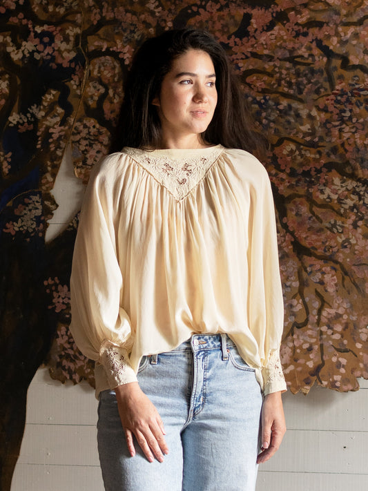 Vintage Bishop Sleeve Embroidered Silk Blouse - Size S M L - Second Sight Vintage