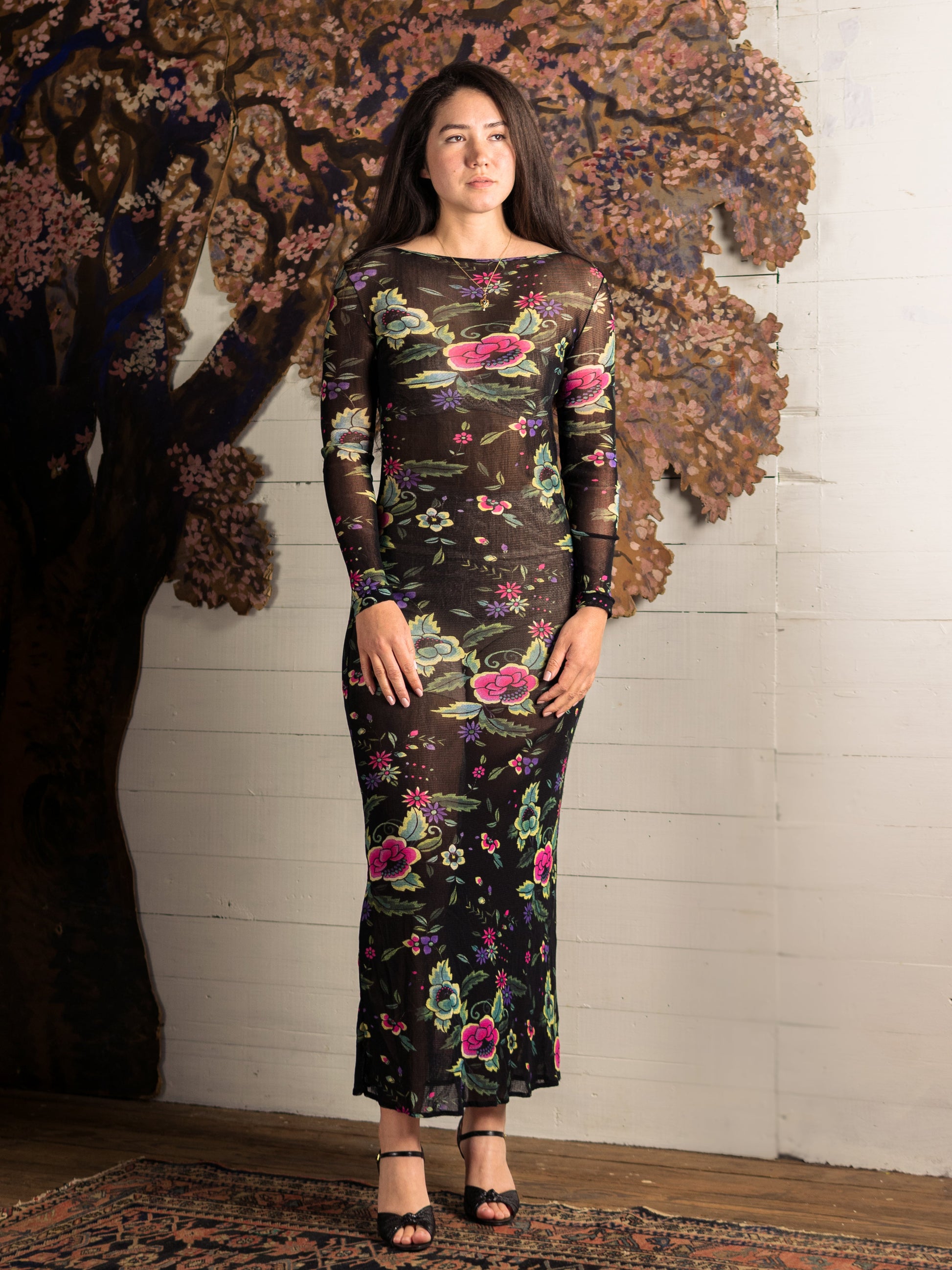 Vintage Vivienne Tam Mesh Pink & Teal Floral Maxi Dress for Cache - Second Sight Vintage