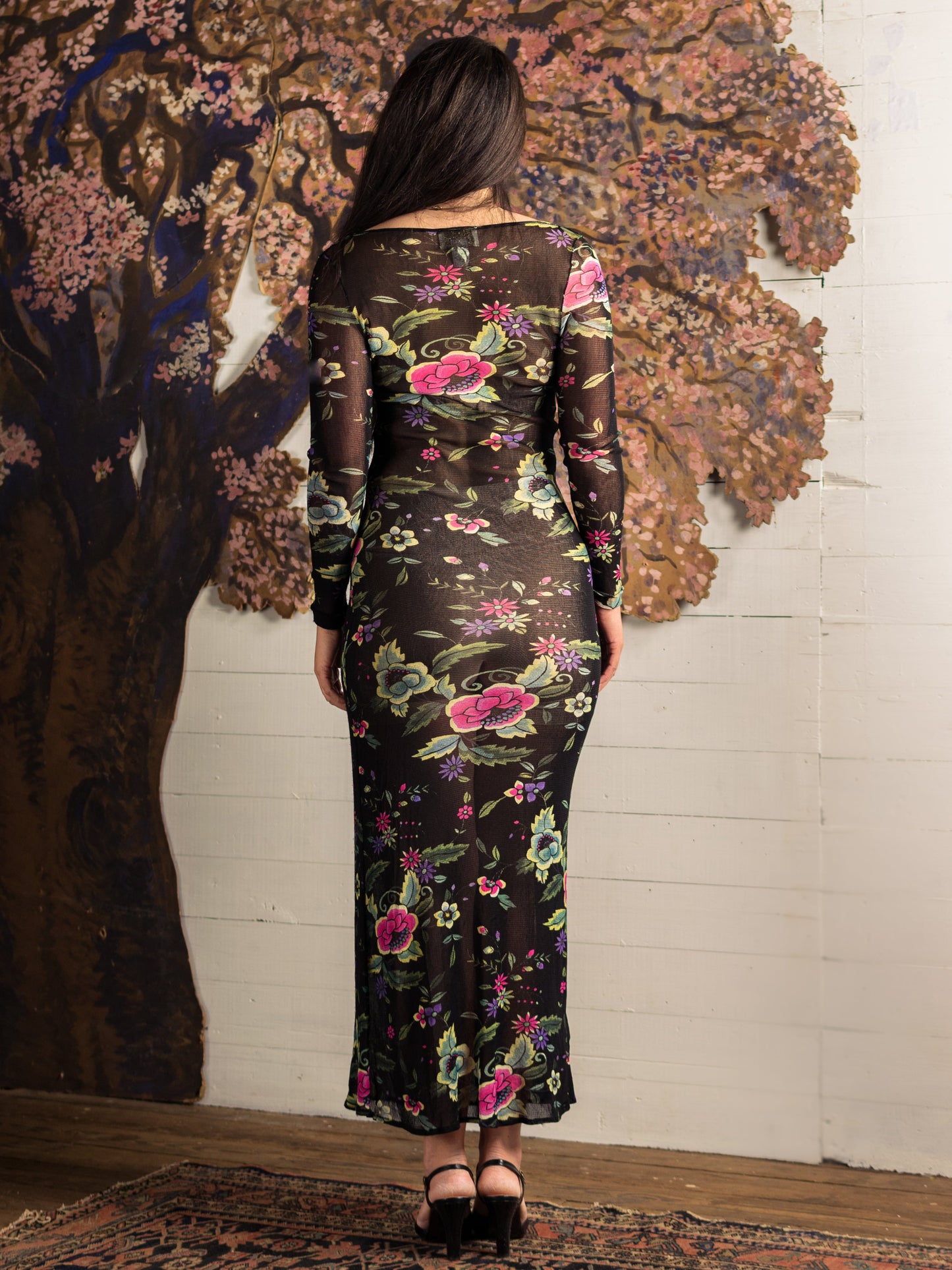 Vintage Vivienne Tam Mesh Pink & Teal Floral Maxi Dress for Cache - Second Sight Vintage