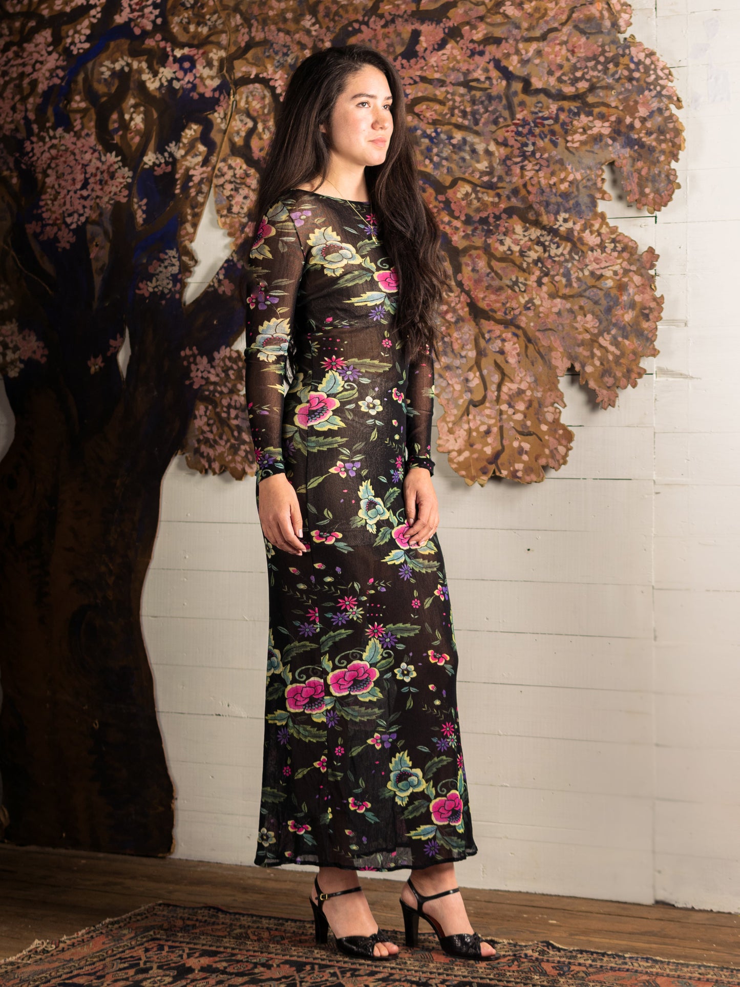 Vintage Vivienne Tam Mesh Pink & Teal Floral Maxi Dress for Cache - Second Sight Vintage