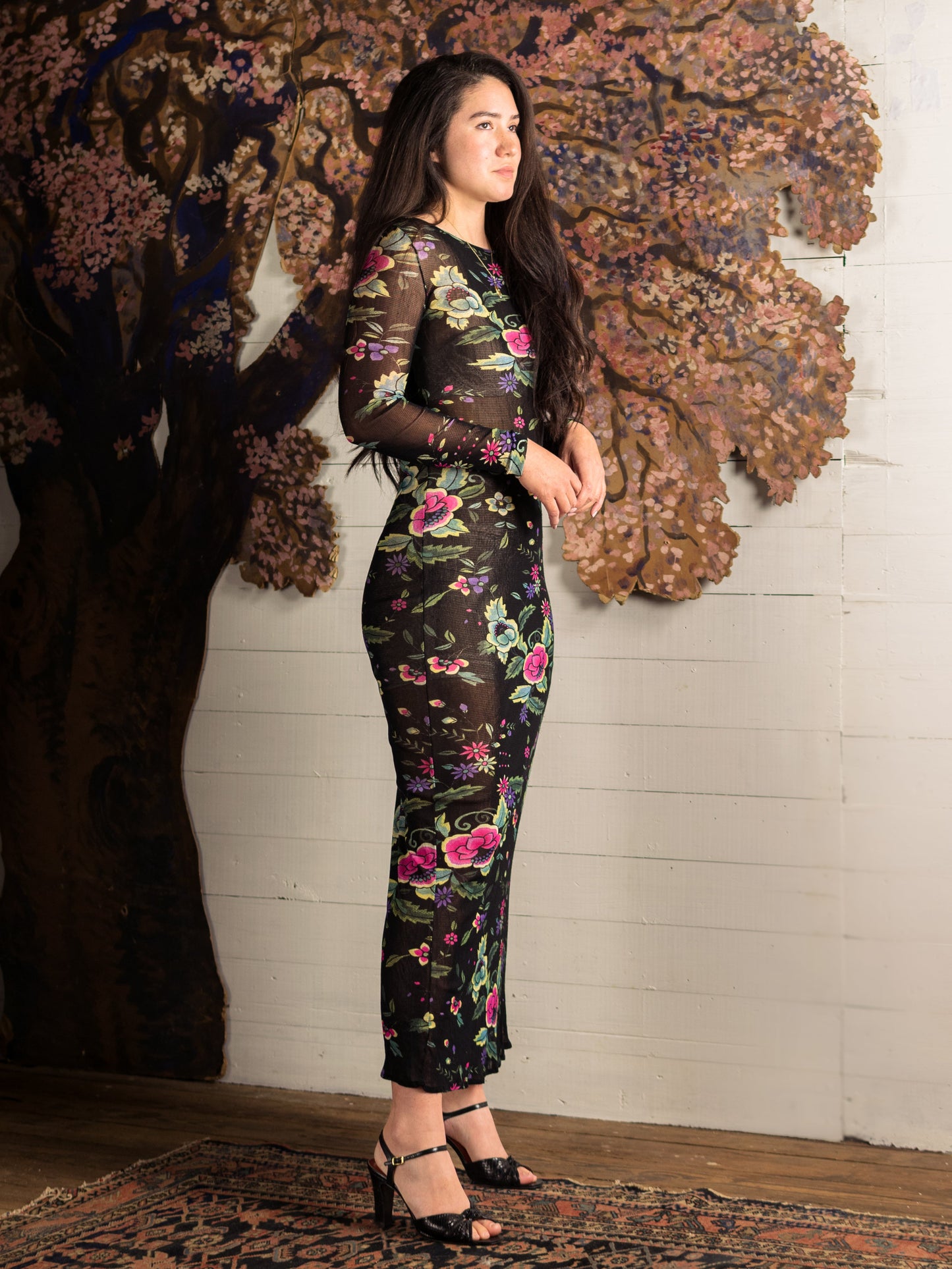 Vintage Vivienne Tam Mesh Pink & Teal Floral Maxi Dress for Cache - Second Sight Vintage