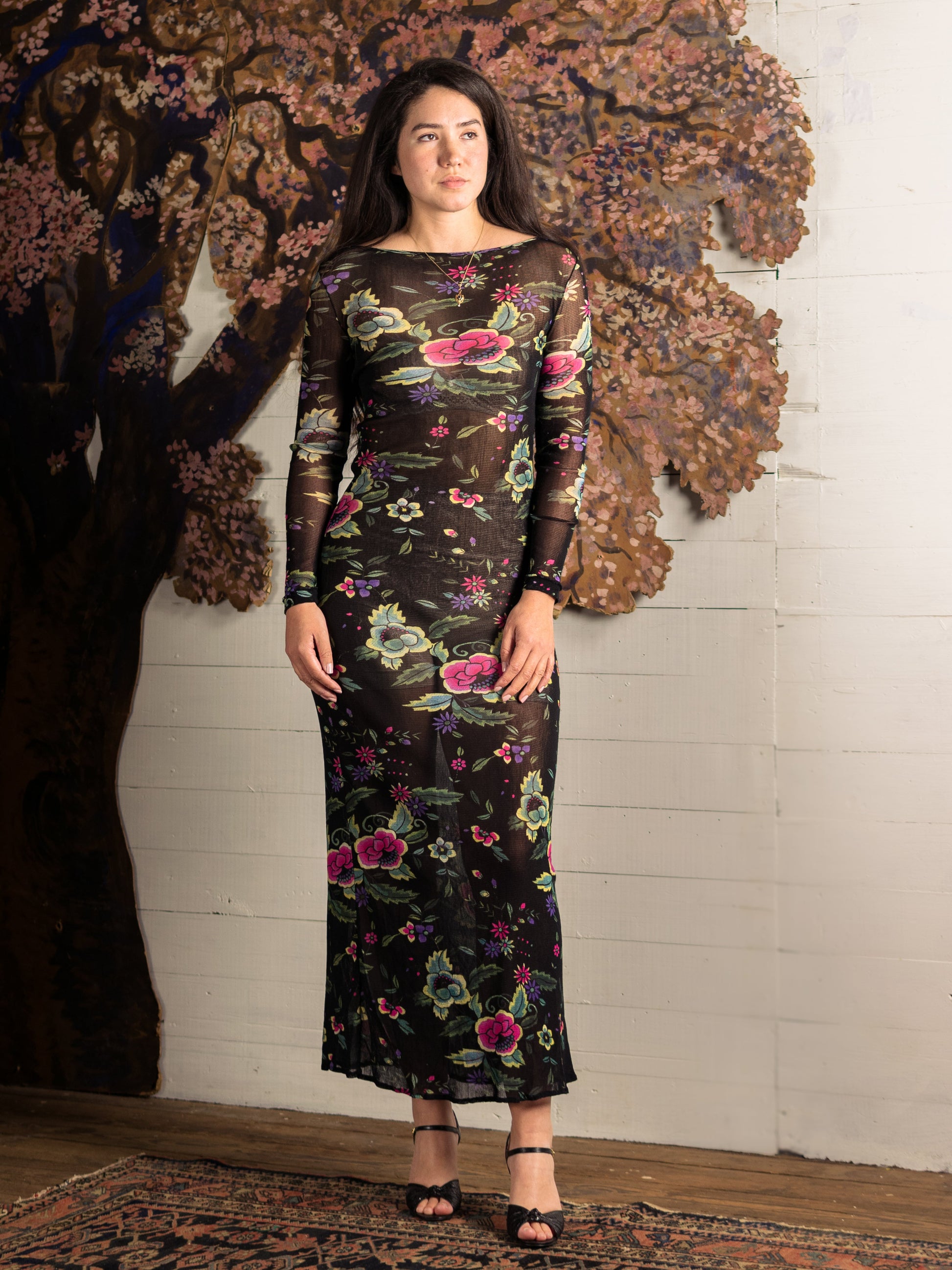 Vintage Vivienne Tam Mesh Pink & Teal Floral Maxi Dress for Cache - Second Sight Vintage