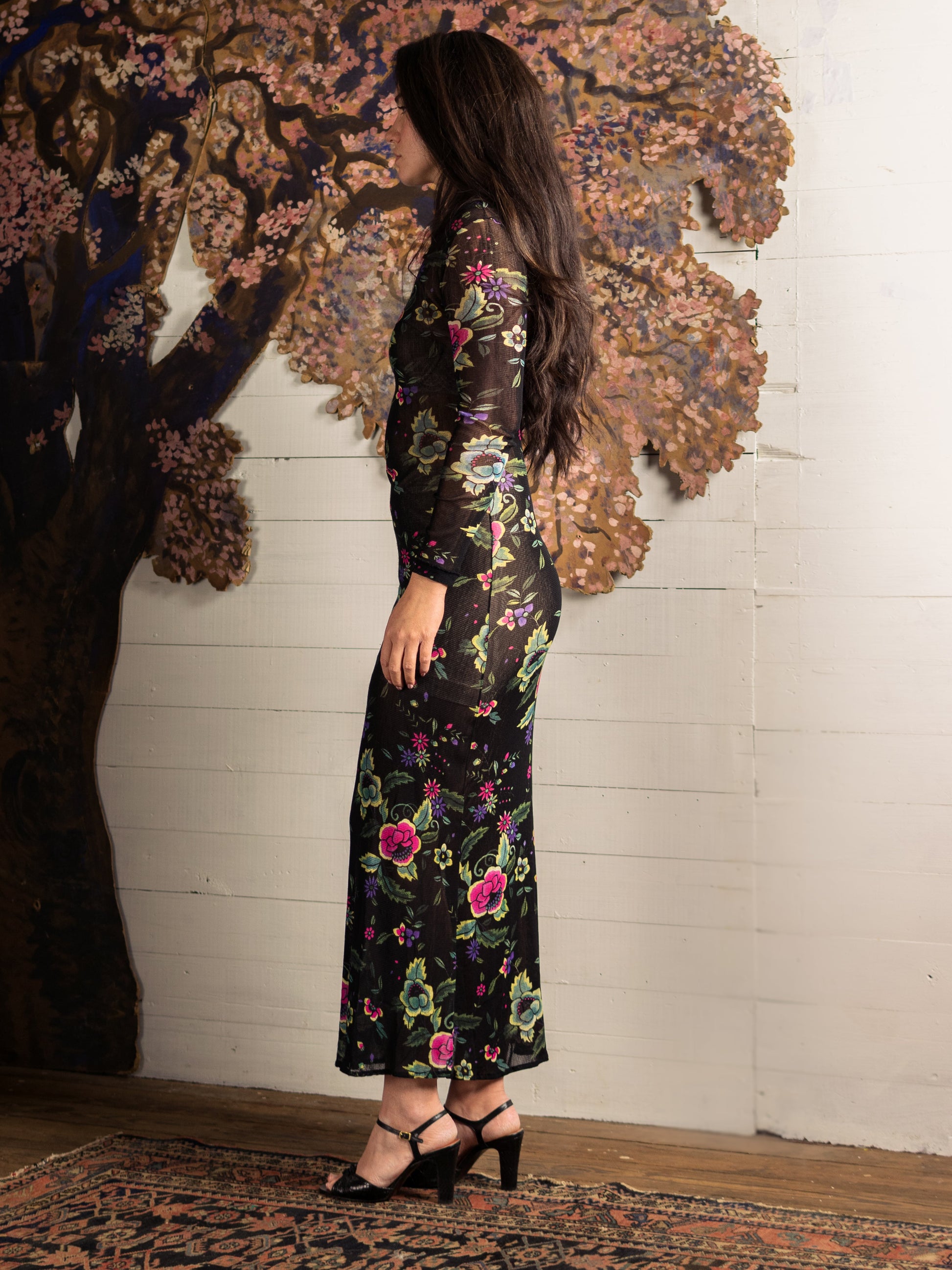 Vintage Vivienne Tam Mesh Pink & Teal Floral Maxi Dress for Cache - Second Sight Vintage