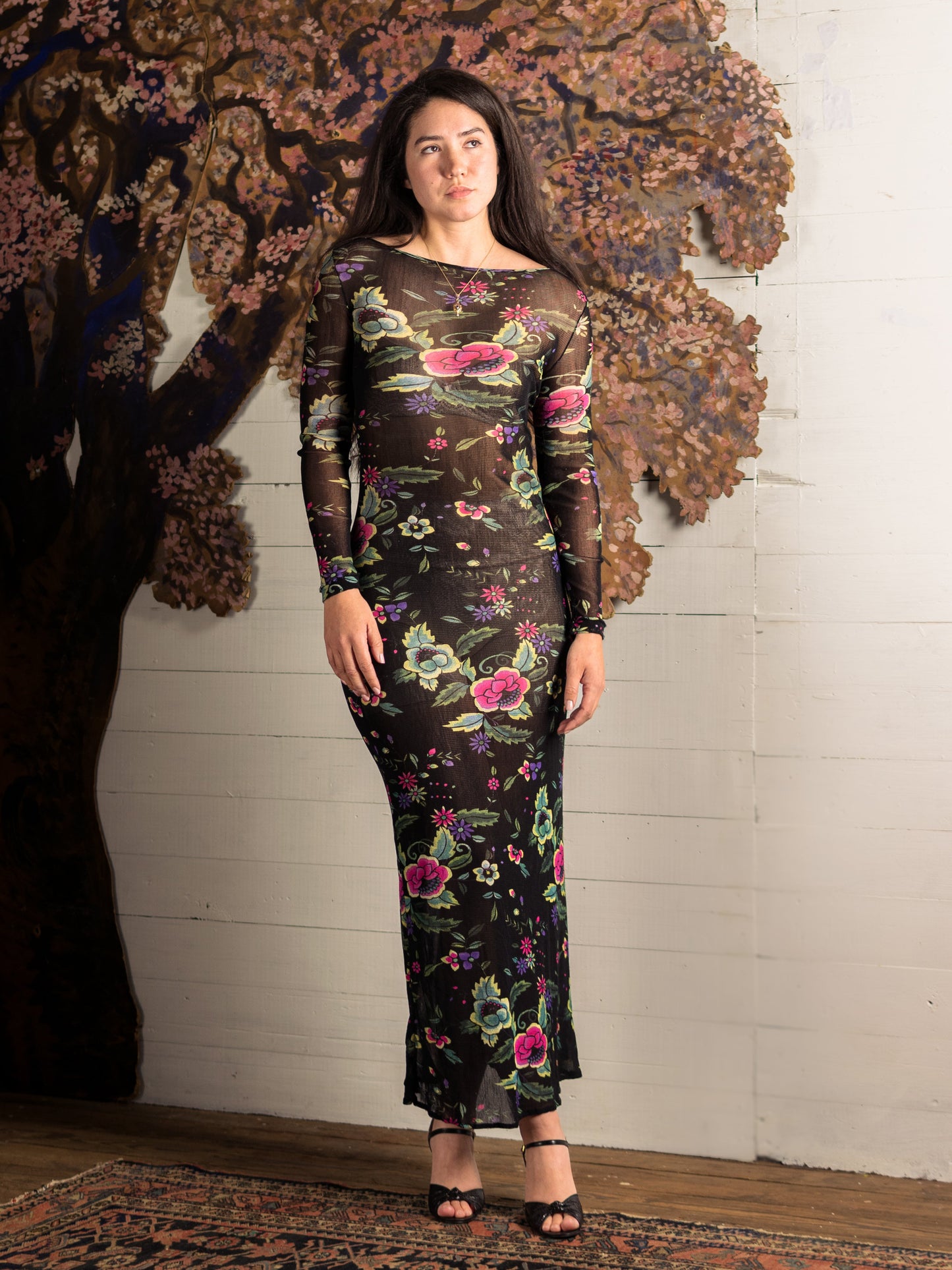 Vintage Vivienne Tam Mesh Pink & Teal Floral Maxi Dress for Cache - Second Sight Vintage