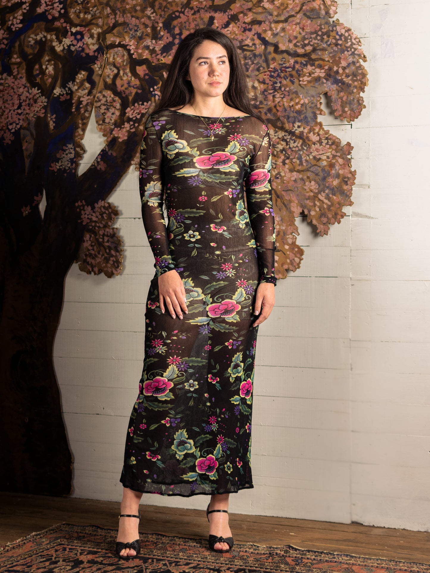 Vintage Vivienne Tam Mesh Pink & Teal Floral Maxi Dress for Cache - Second Sight Vintage