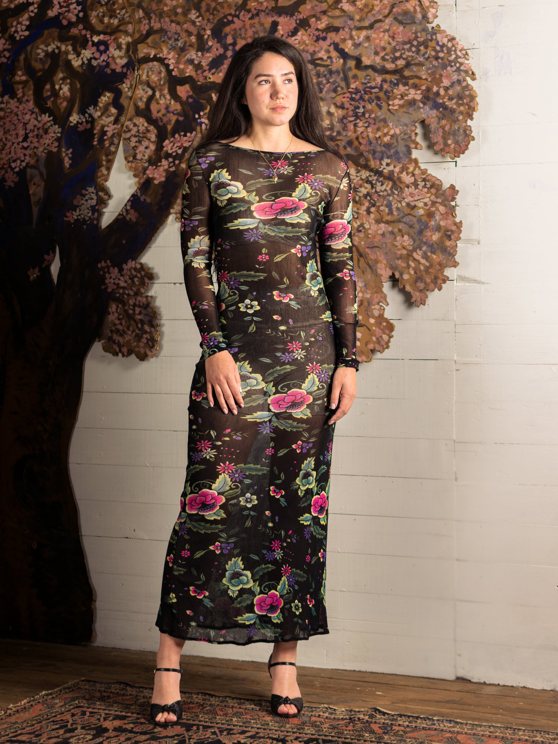 Vintage Vivienne Tam Mesh Pink & Teal Floral Maxi Dress for Cache - Second Sight Vintage